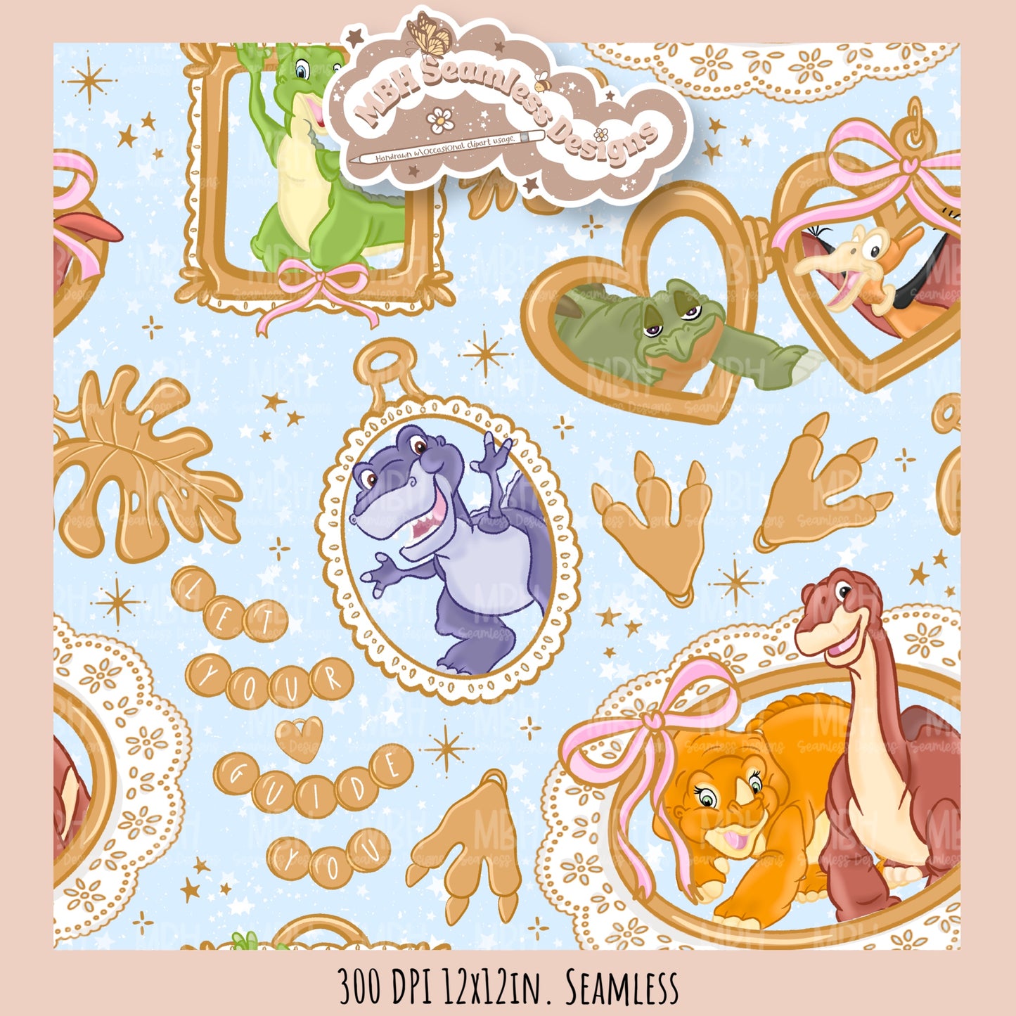 LBT Dinosaur Gold Charms Seamless Pattern // PNG // Multiple Colorway Options