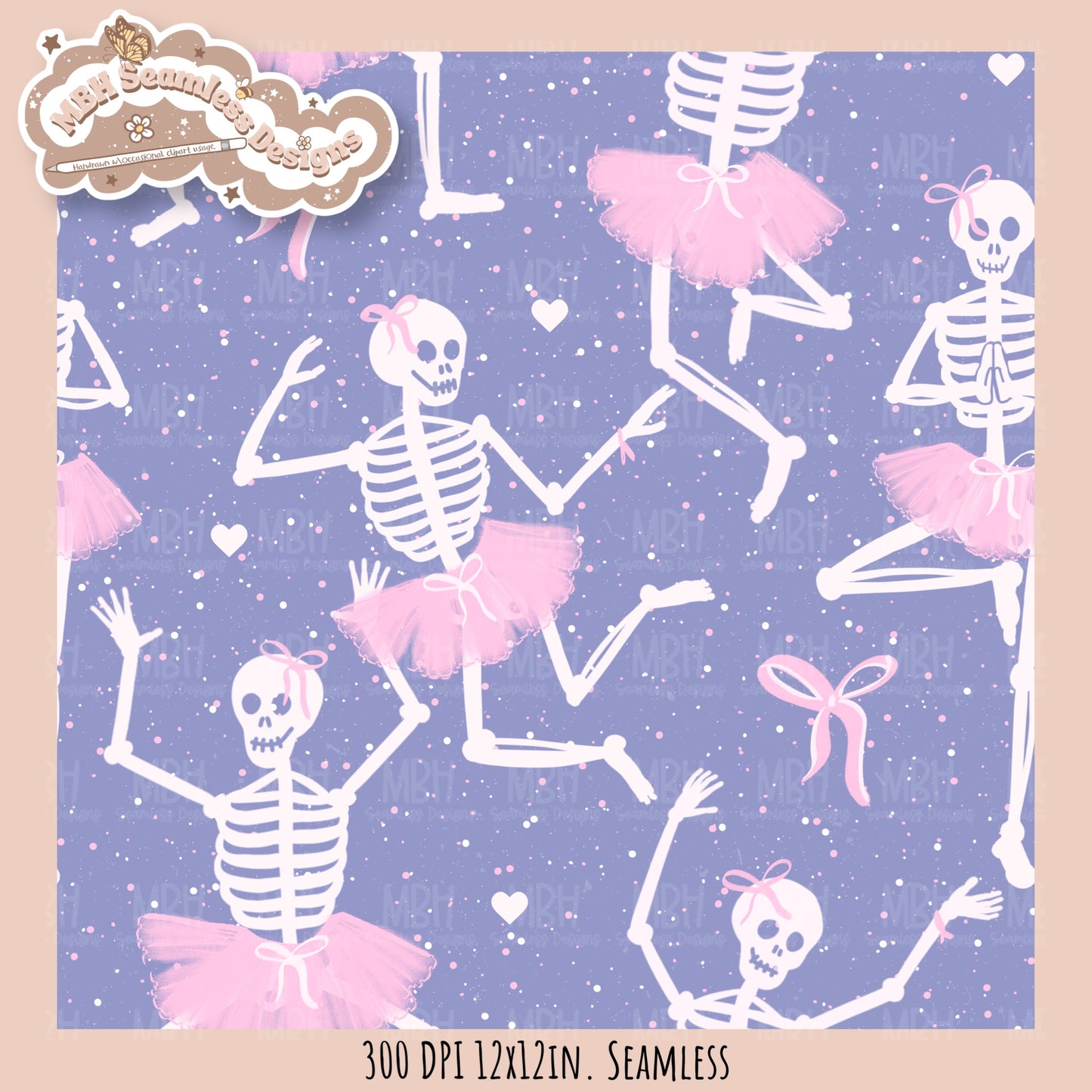 Ballerina Skeletons Seamless Pattern•PNG•Multiple Colorways