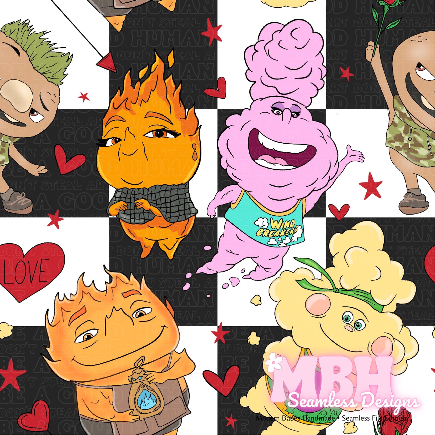 Elemental Friends Checkered Valentine Assorted Colorways  Seamless Pattern