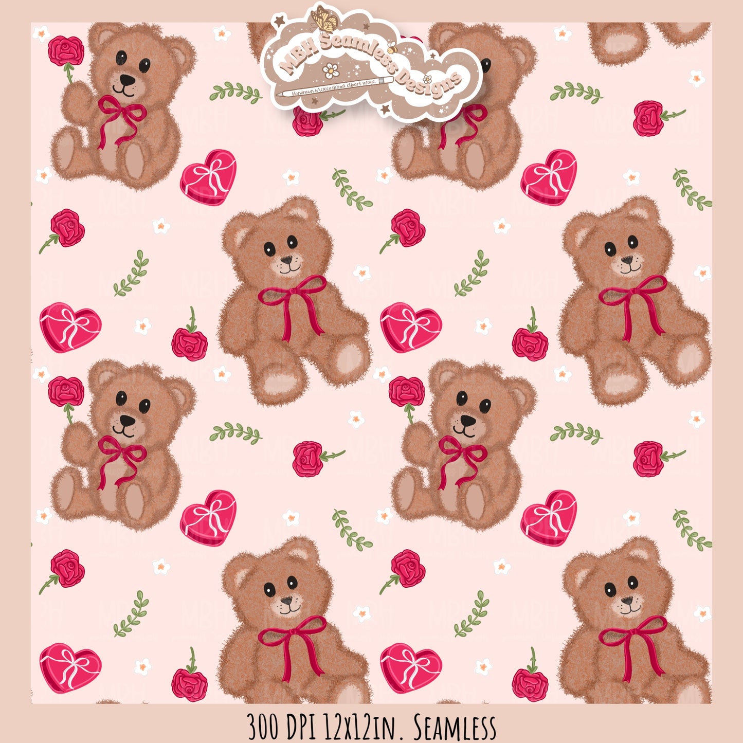 Teddy Bears & Roses Seamless Pattern // PNG // Assorted Colorways