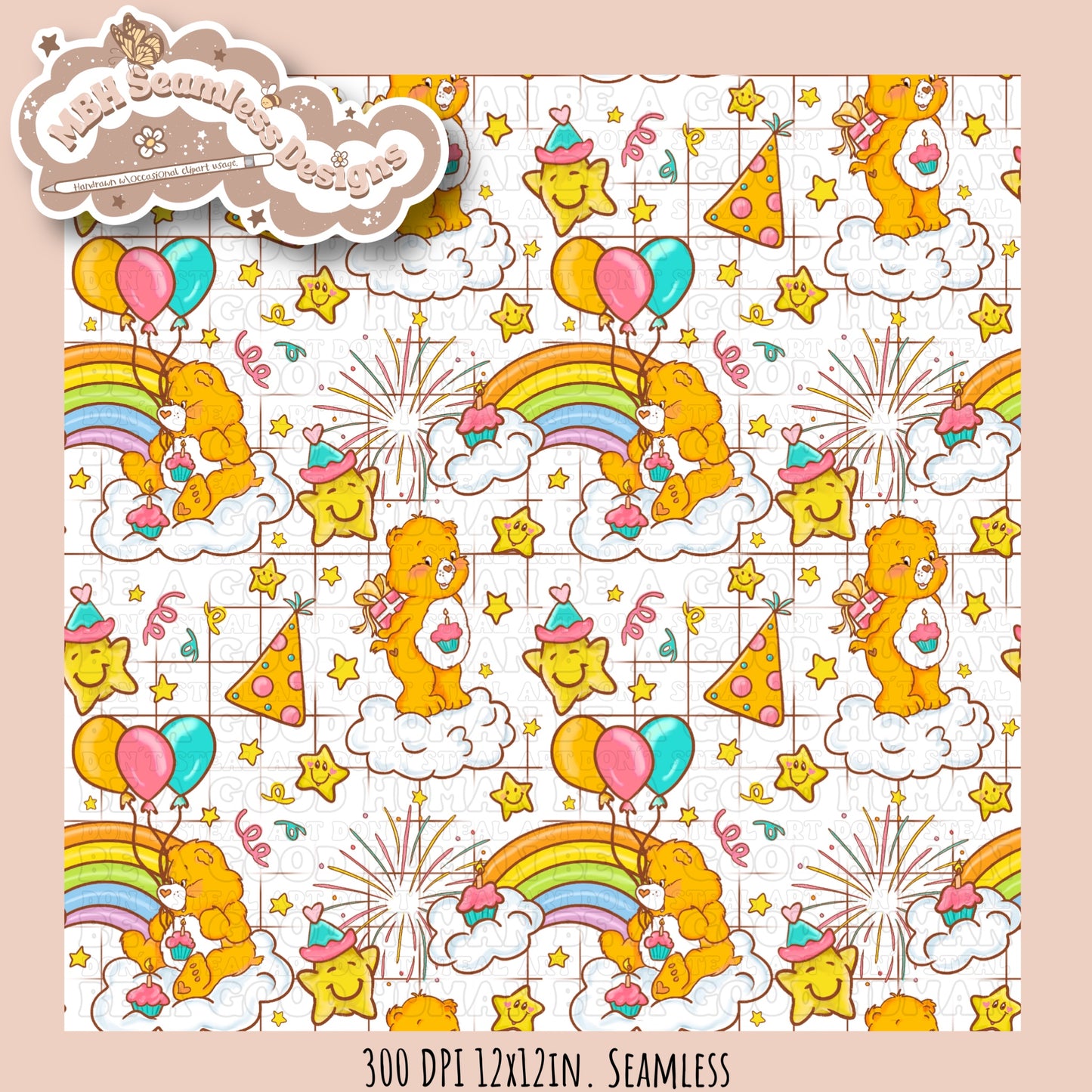 Birthday Care Bear Seamless Pattern & PNG MULTIPLE COLORWAY OPTIONS