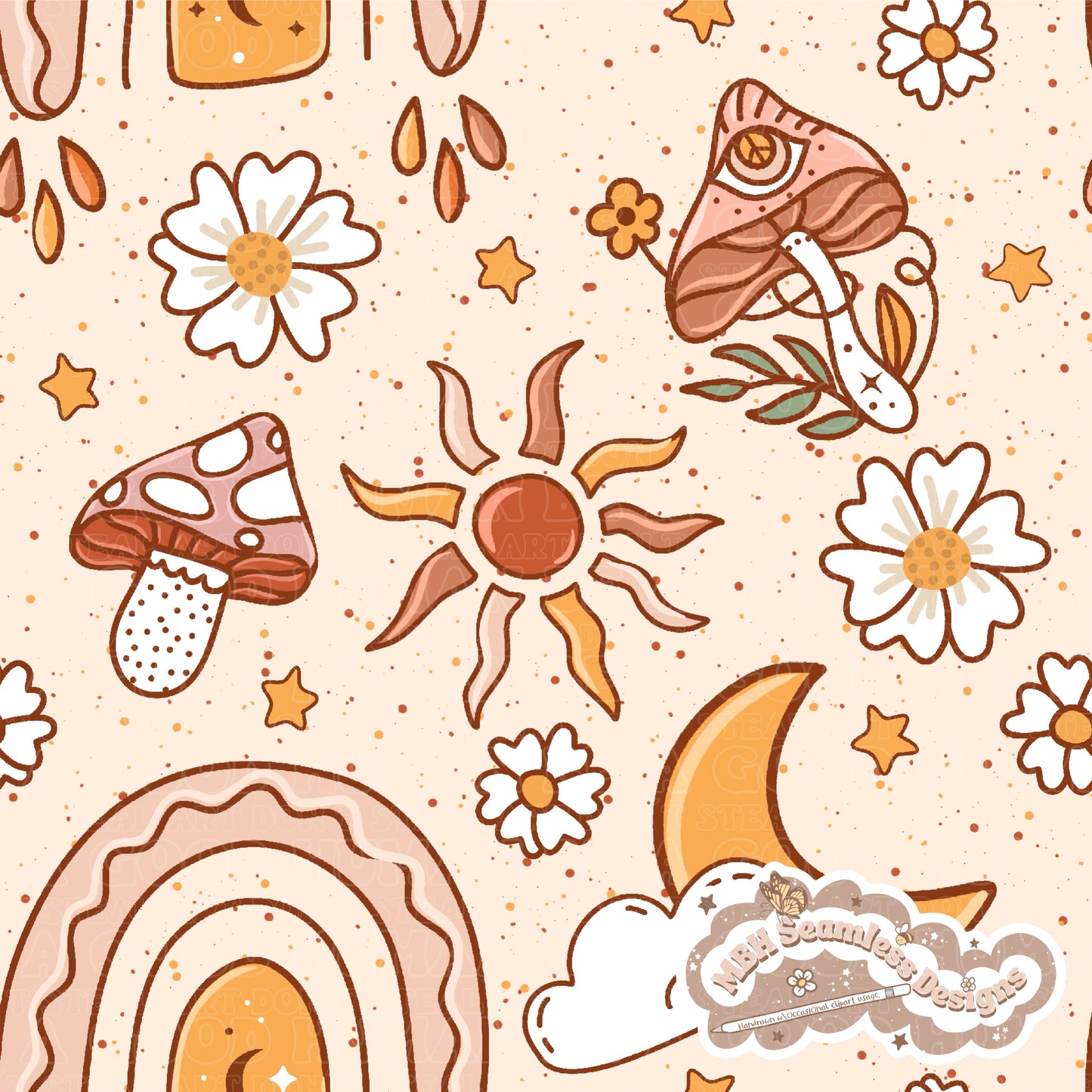 Boho Rainbow Shrooms Seamless Pattern & PNG MULTIPLE COLORWAYS