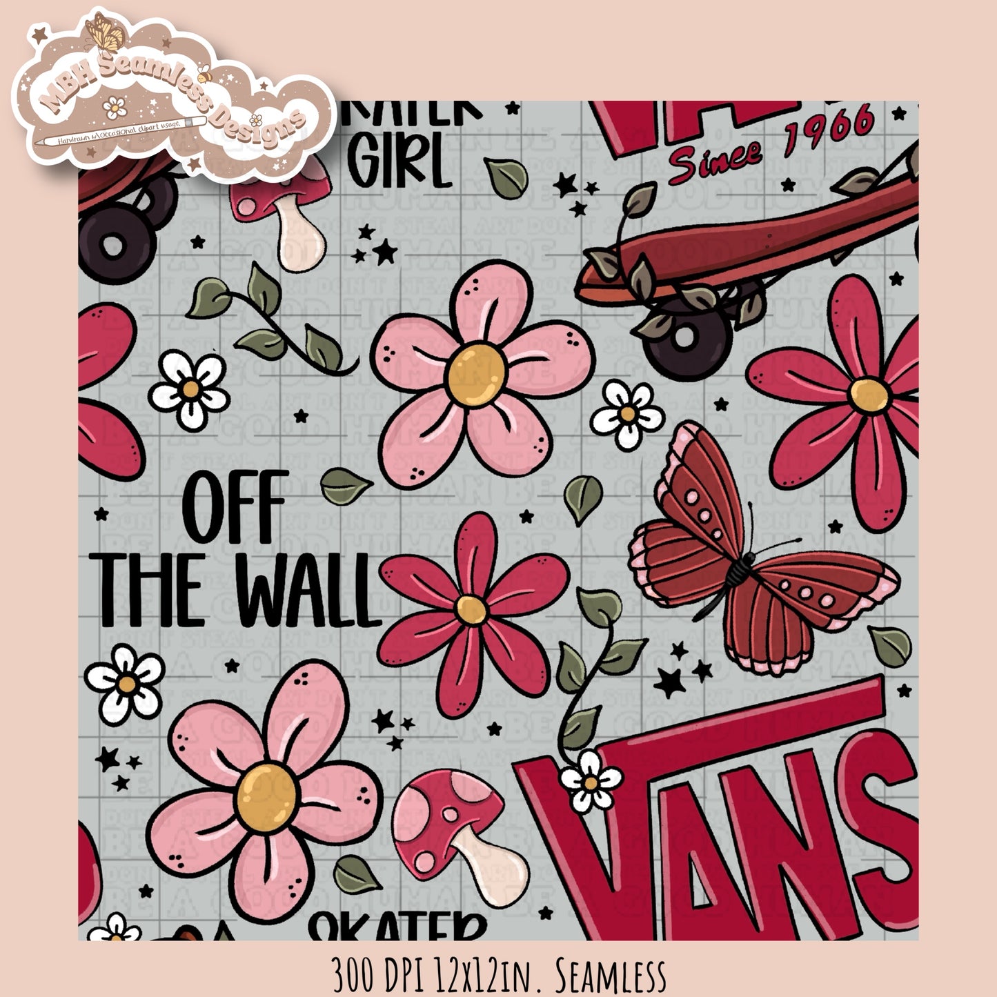 Skater Girl Floral Seamless Pattern MULTIPLE BACKGROUNDS/COLORWAYS