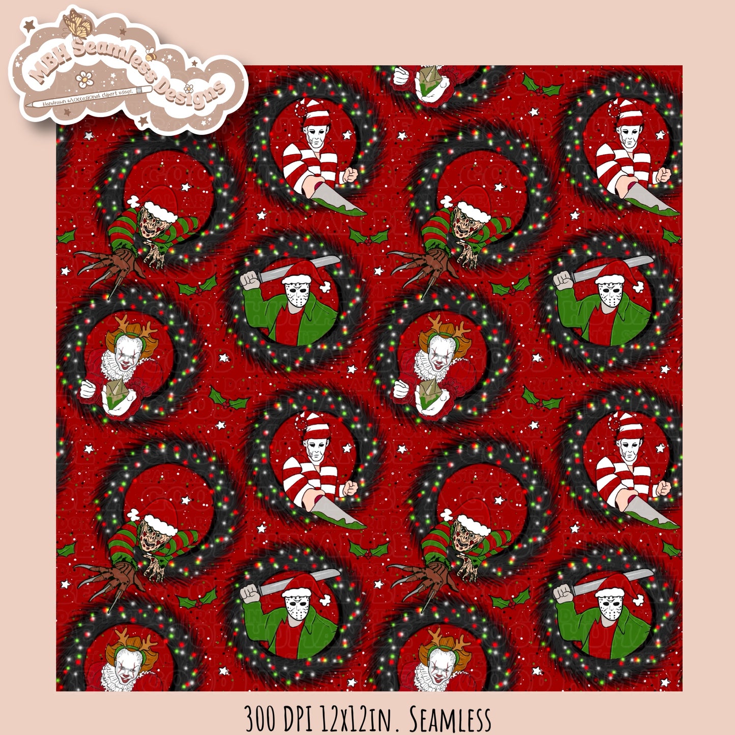 Christmas Horror Mashup Seamless Pattern MULTIPLE COLORWAY OPTIONS