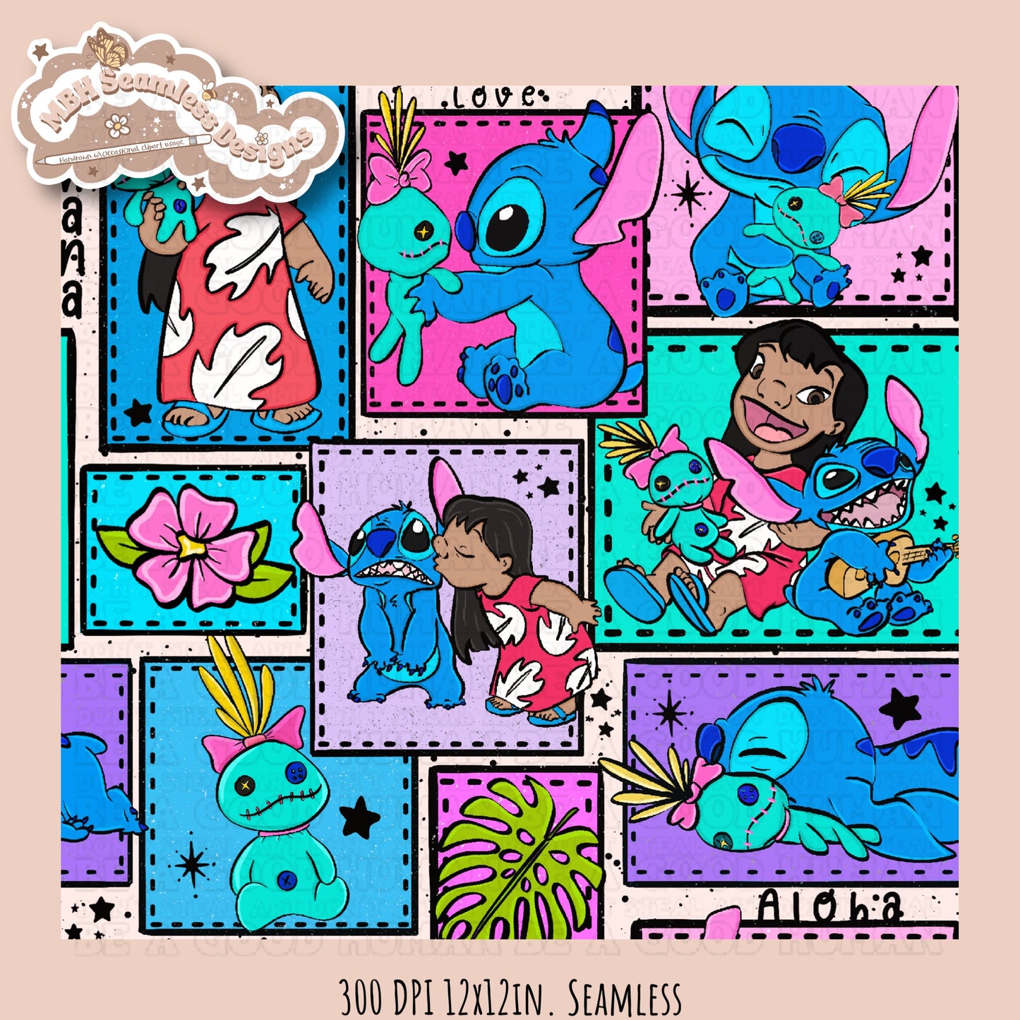 Lilo Stitch Scrump Patchwork Seamless Pattern Multiple Colorways