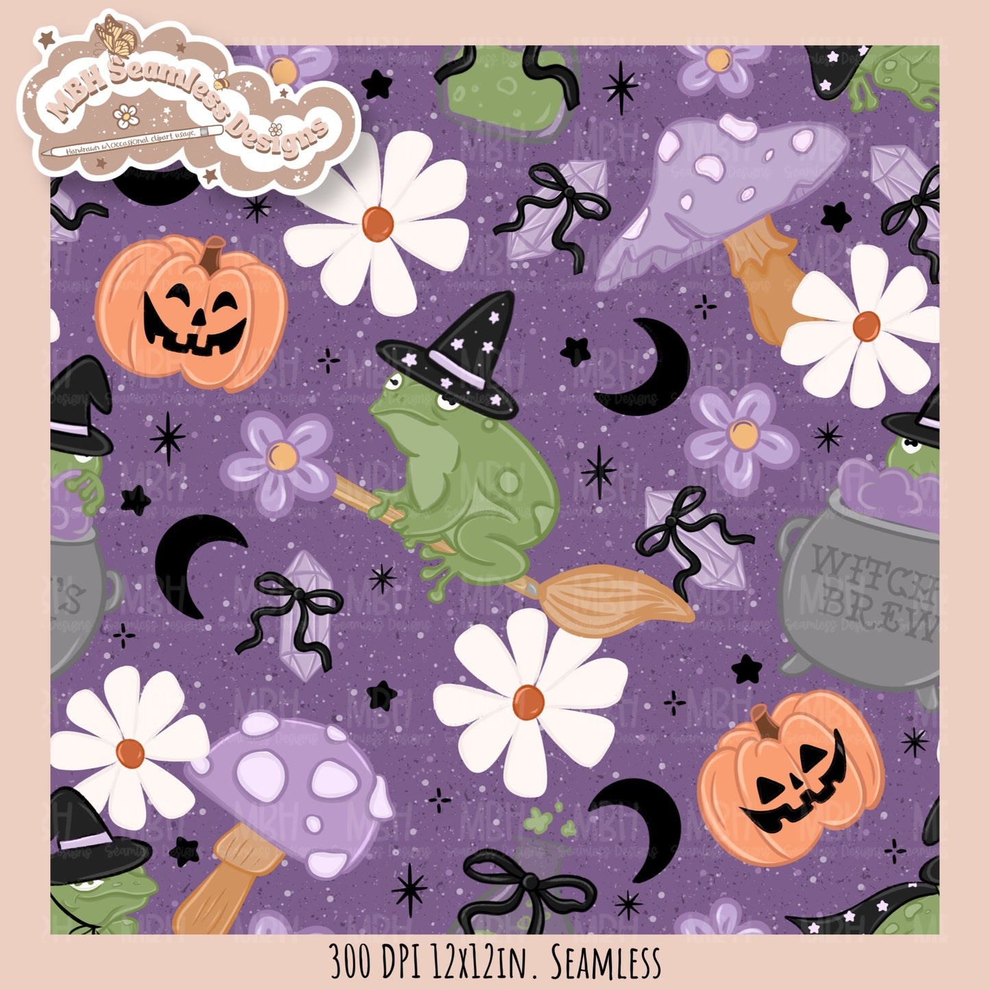 Coquette Witchy Frogs Seamless Pattern•PNG•Multiple Colorways