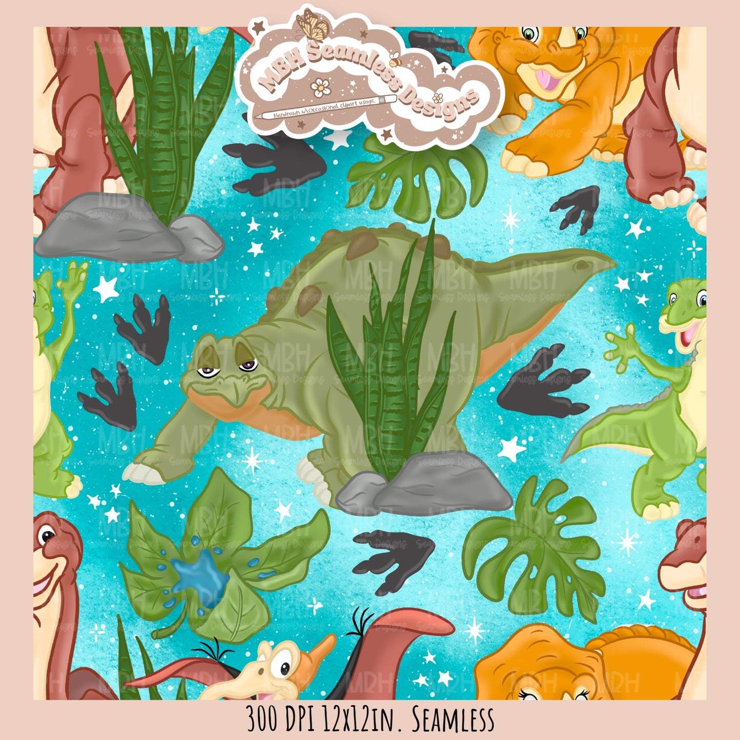 Starry LBT Dinosaurs Seamless Pattern // Multiple Colorway Options