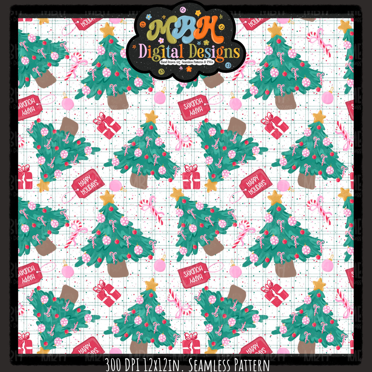 Happy Holiday Trees Seamless Pattern // PNG // MULTIPLE COLORWAYS