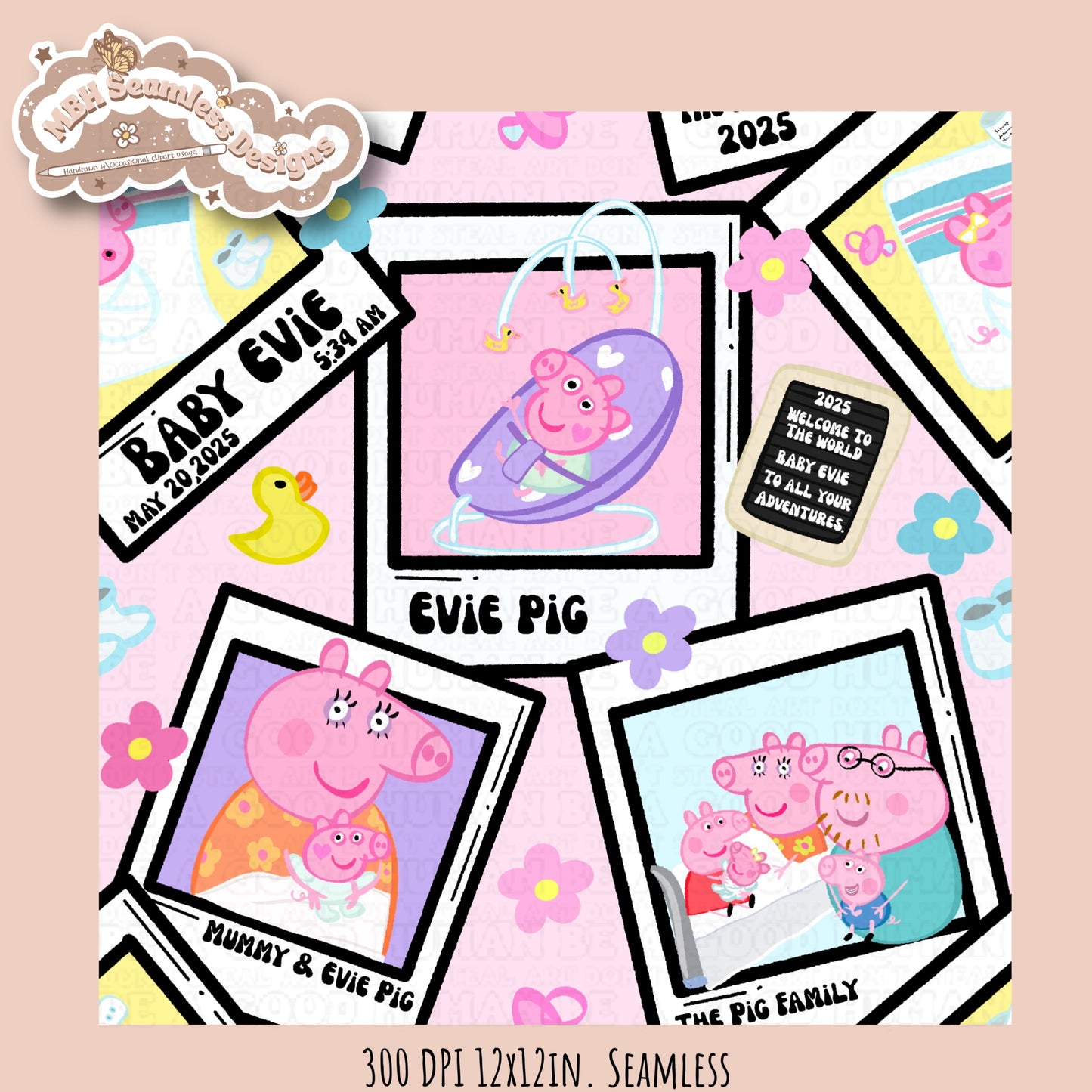 Black Outline Evie Pig Polaroids Seamless Pattern • Multiple Colorway Options