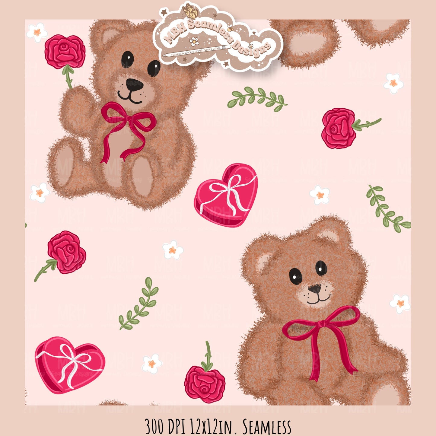 Teddy Bears & Roses Seamless Pattern // PNG // Assorted Colorways