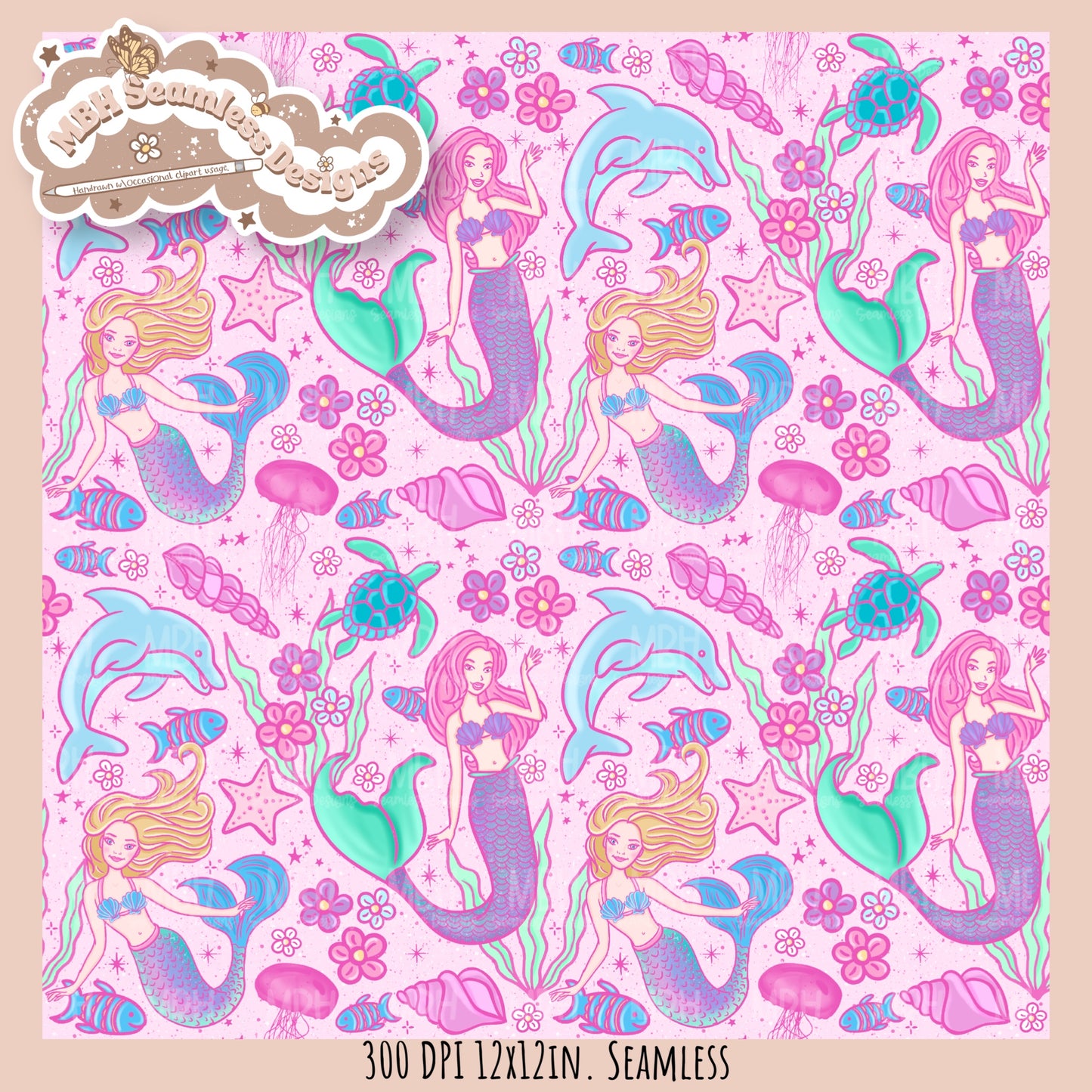 Barbie Mermaids Seamless Pattern //  MULTIPLE COLORWAYS