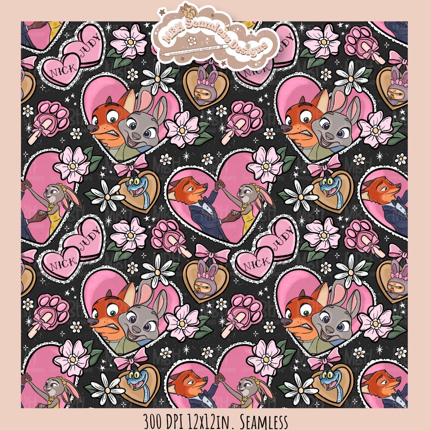 Nick & Judy Romance Seamless Pattern // PNG // Assorted Colorways