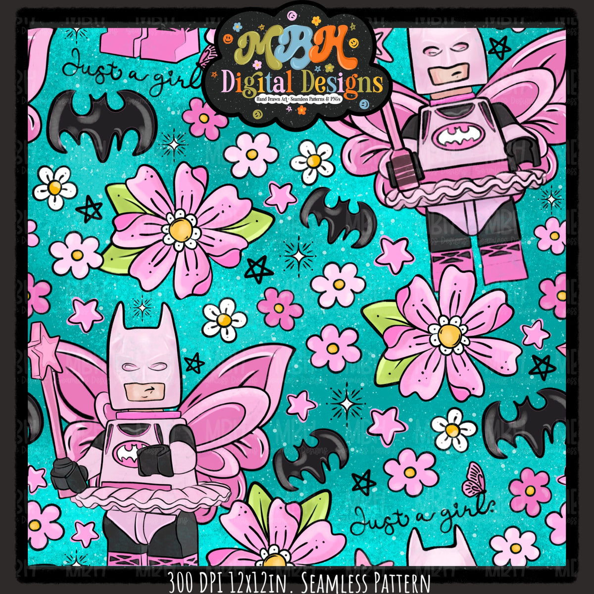 Floral Batgirl Seamless Pattern // PNG // MULTIPLE COLORWAYS