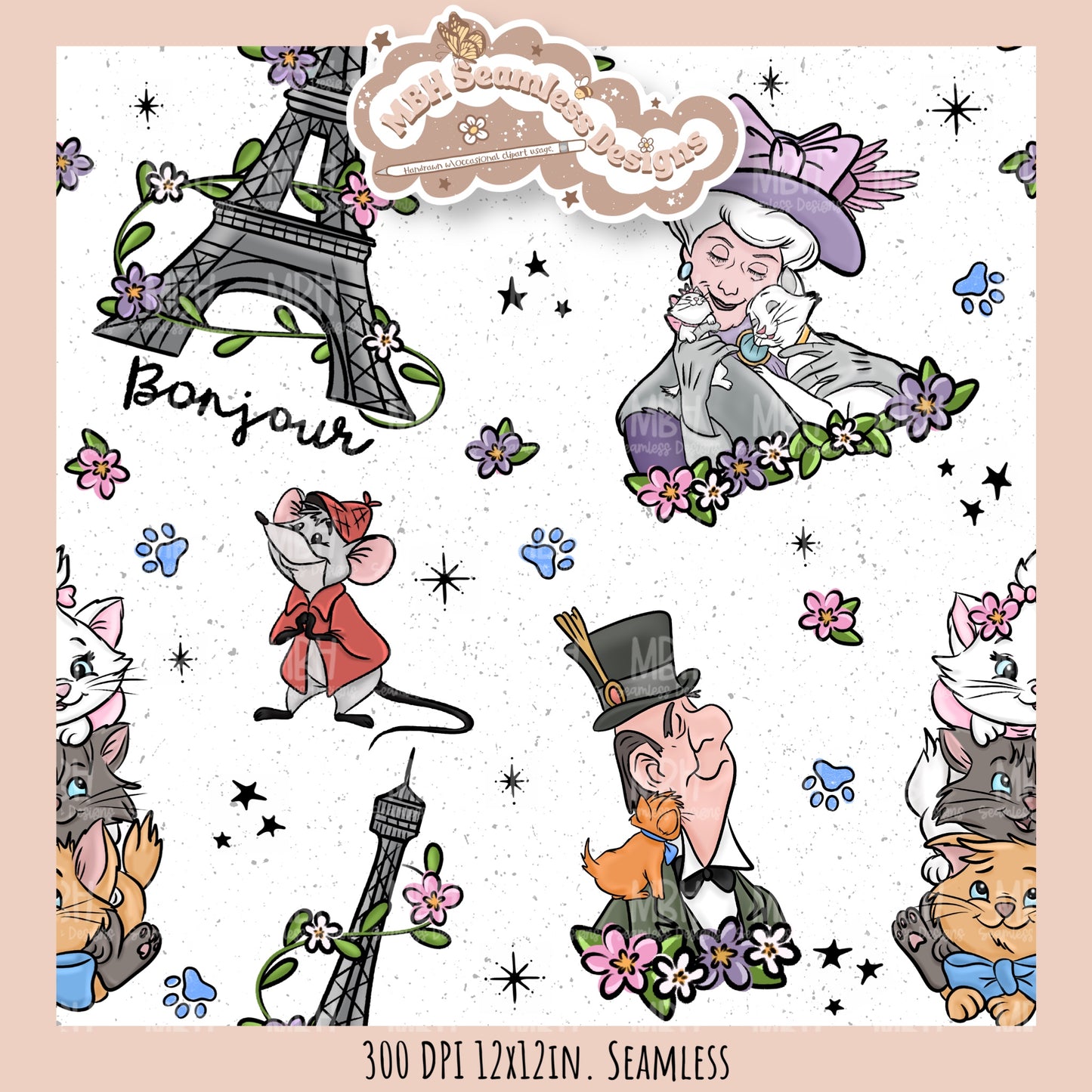 Floral Aristocats Seamless Pattern // PNG // Multiple Colorway Options