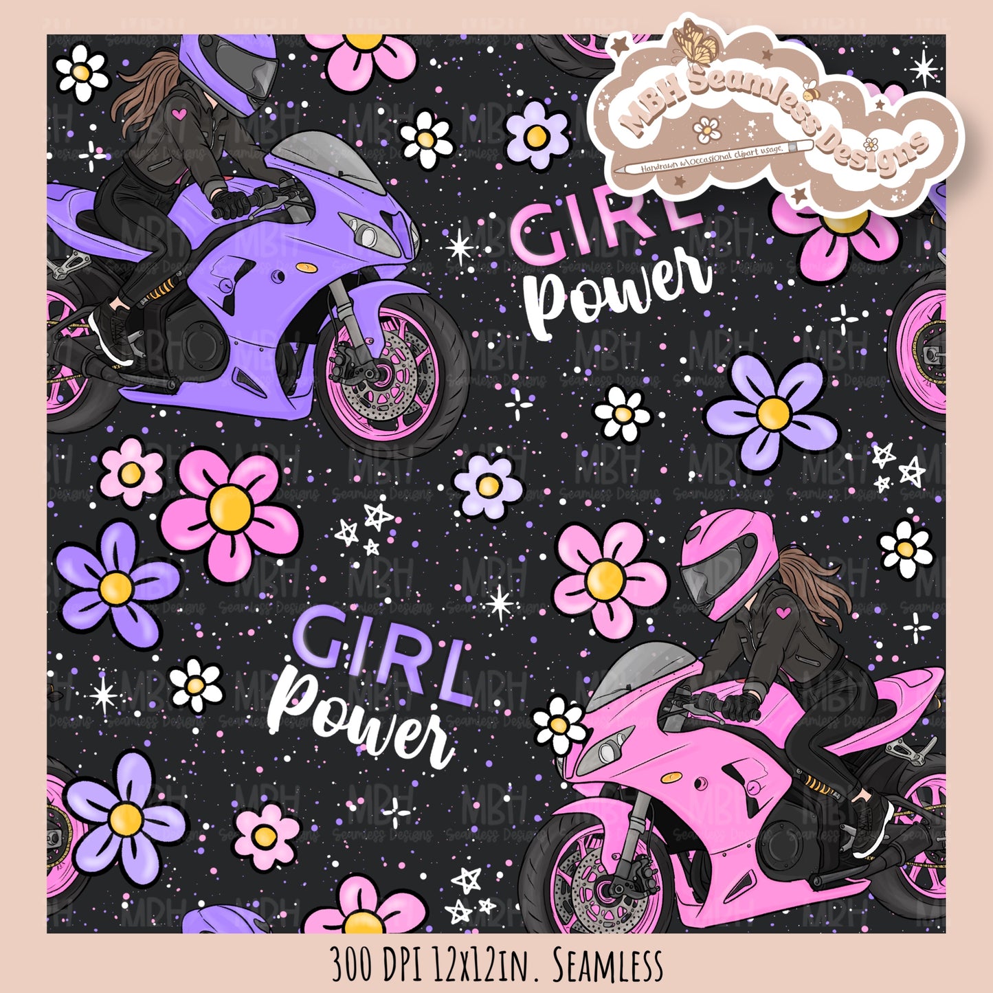 Moto Girl Power Seamless Pattern // PNG // Assorted Colorway Options