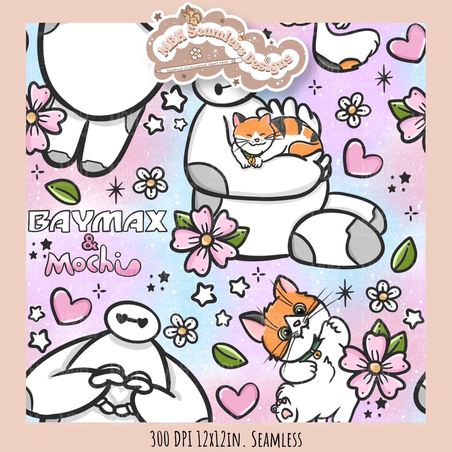 Floral Baymax Mochi Seamless Pattern // Multiple Colorway Options