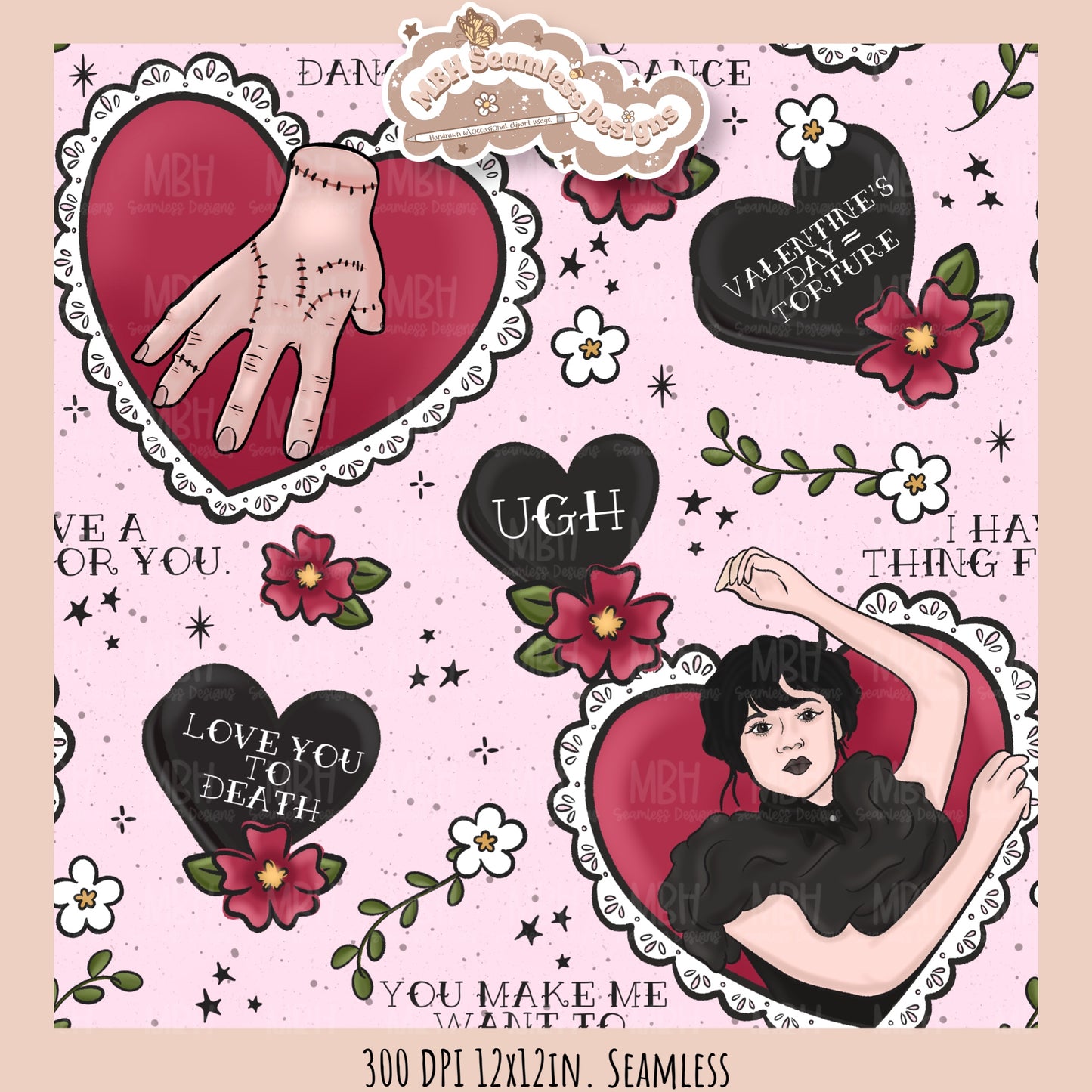 Wednesday Red Tattoo Hearts  Seamless Pattern // PNG // Assorted Colorways