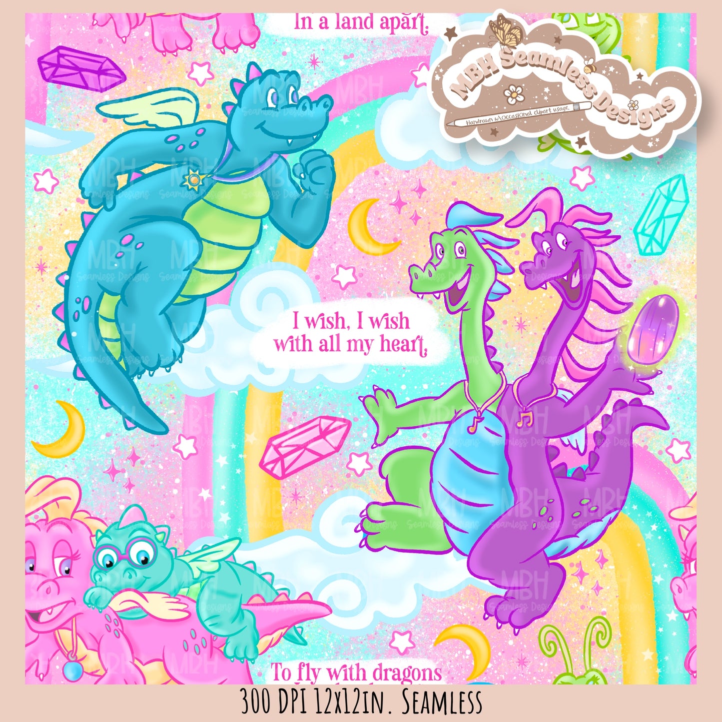 Rainbow Dragon Tales Seamless Pattern  // MULTIPLE COLORWAYS // PNG