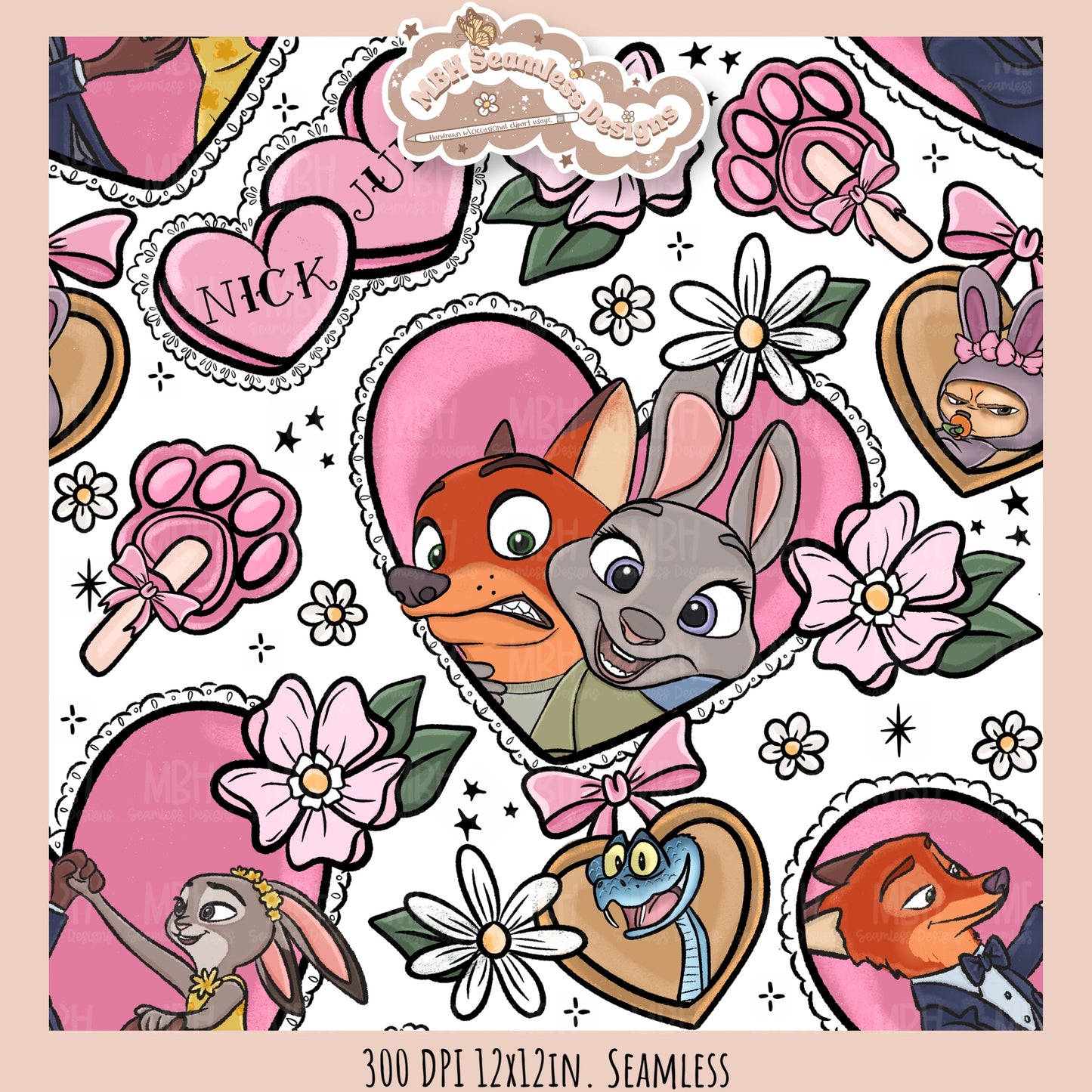 Nick & Judy Romance Seamless Pattern // PNG // Assorted Colorways