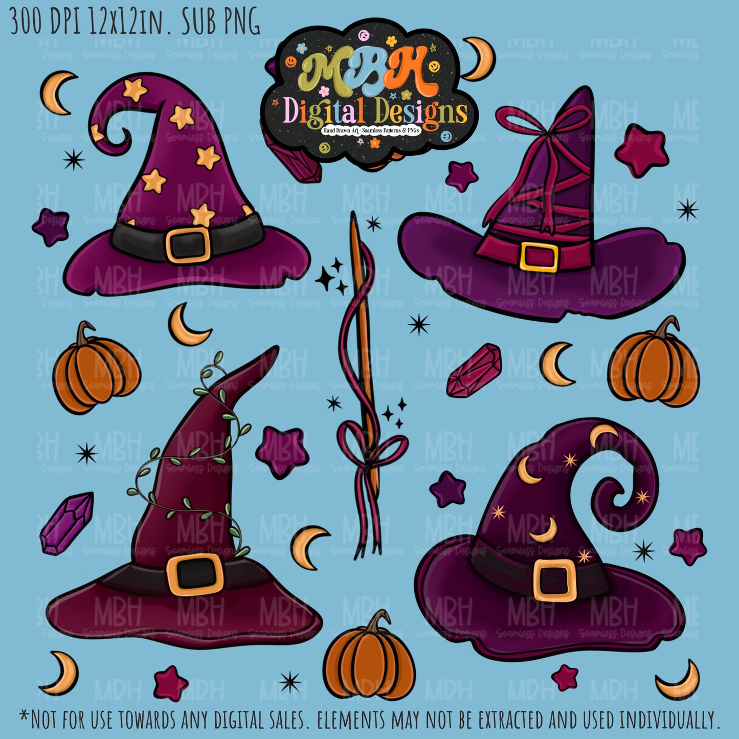 Witch Hats and Pumpkins Seamless Pattern // PNG // MULTIPLE COLORWAYS