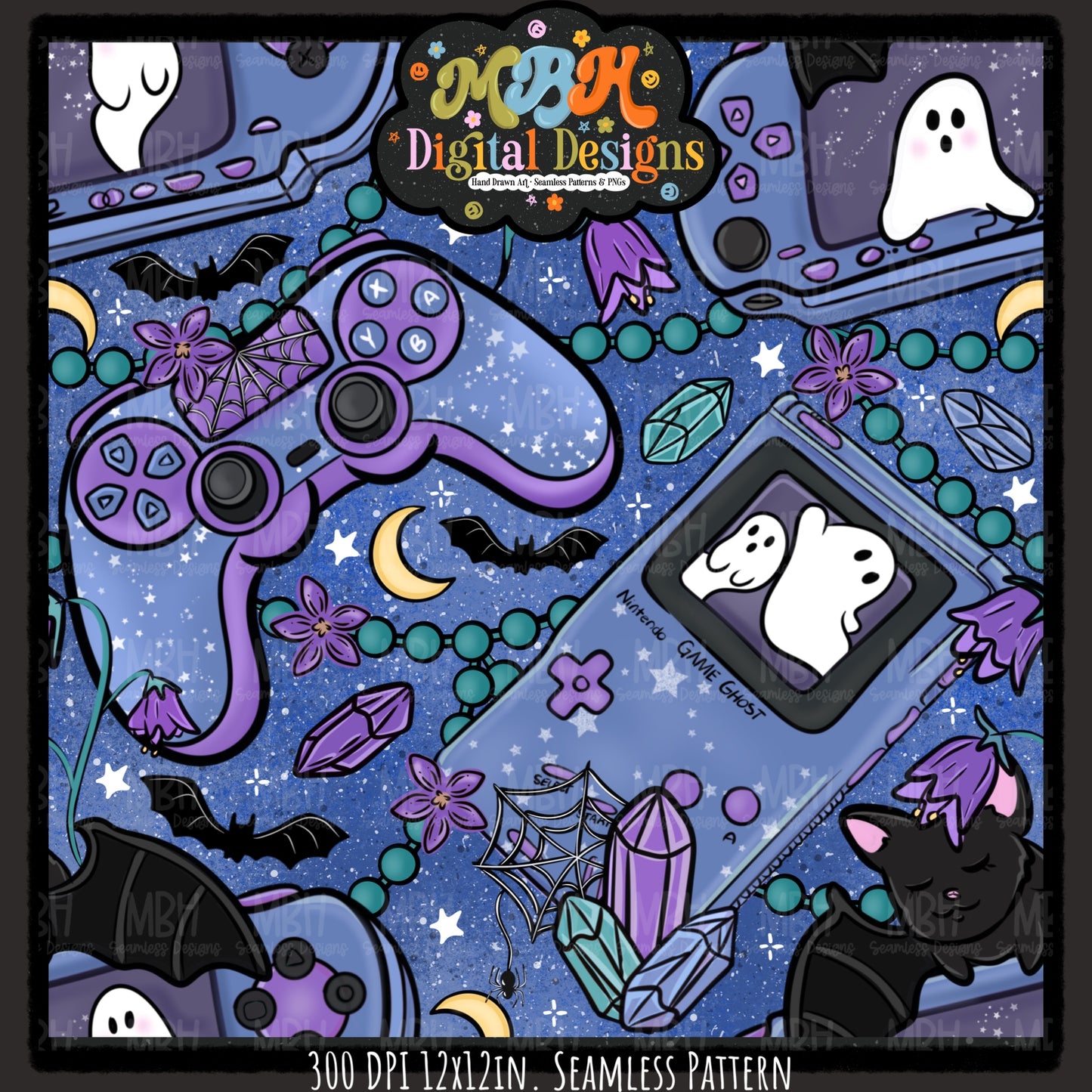 Spooky Gamer Seamless Pattern// PNG// MULTIPLE COLORWAYS