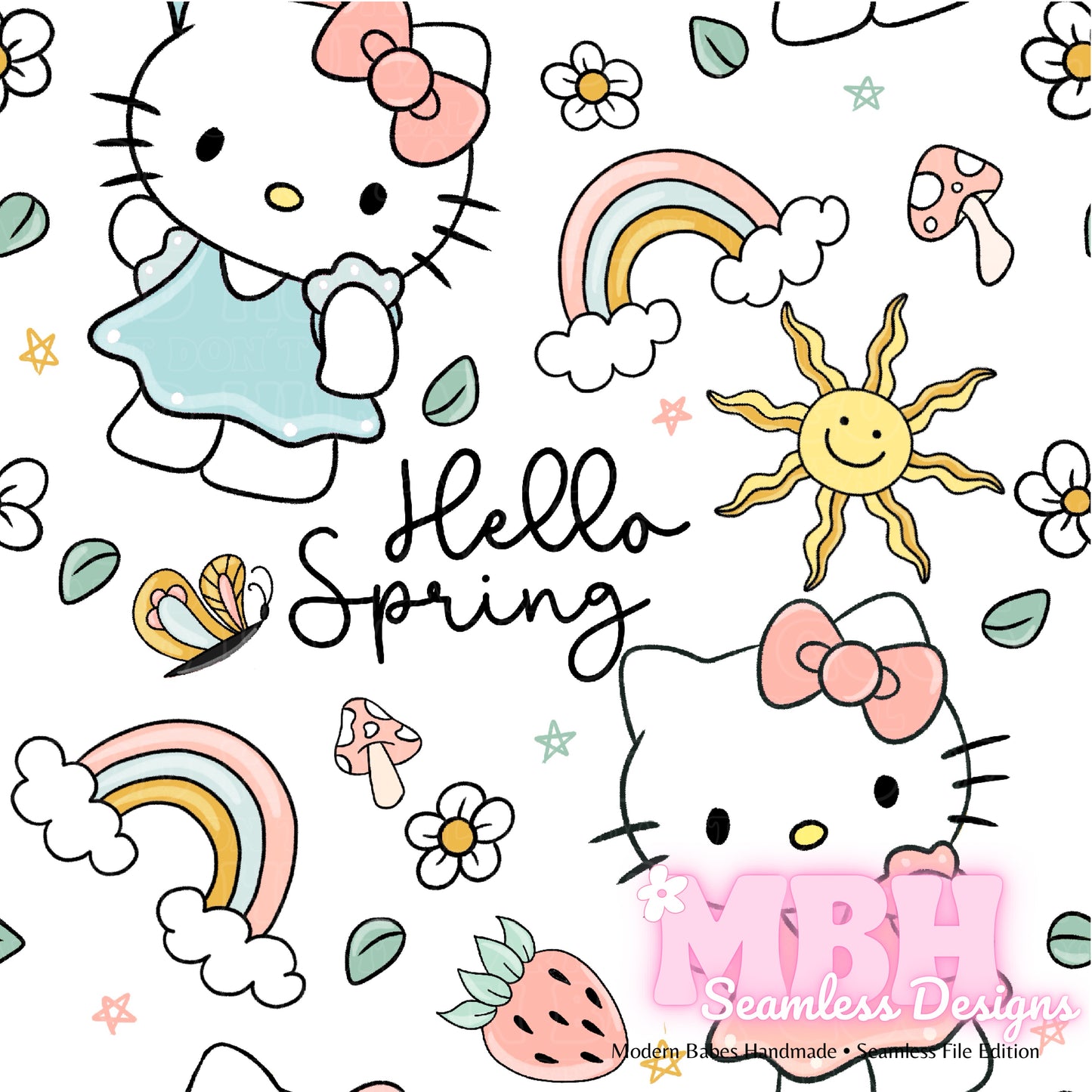 Hello Spring Kitty Seamless Pattern MULTIPLE COLORWAYS