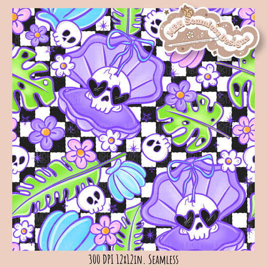 Floral Skull Oyster Shells Seamless Pattern • Multiple Colorways • Coordinates • PNG