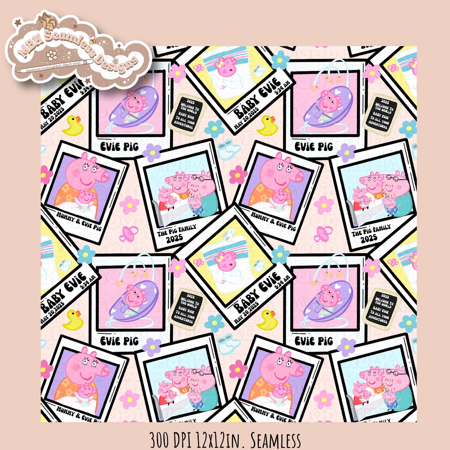 Black Outline Evie Pig Polaroids Seamless Pattern • Multiple Colorway Options