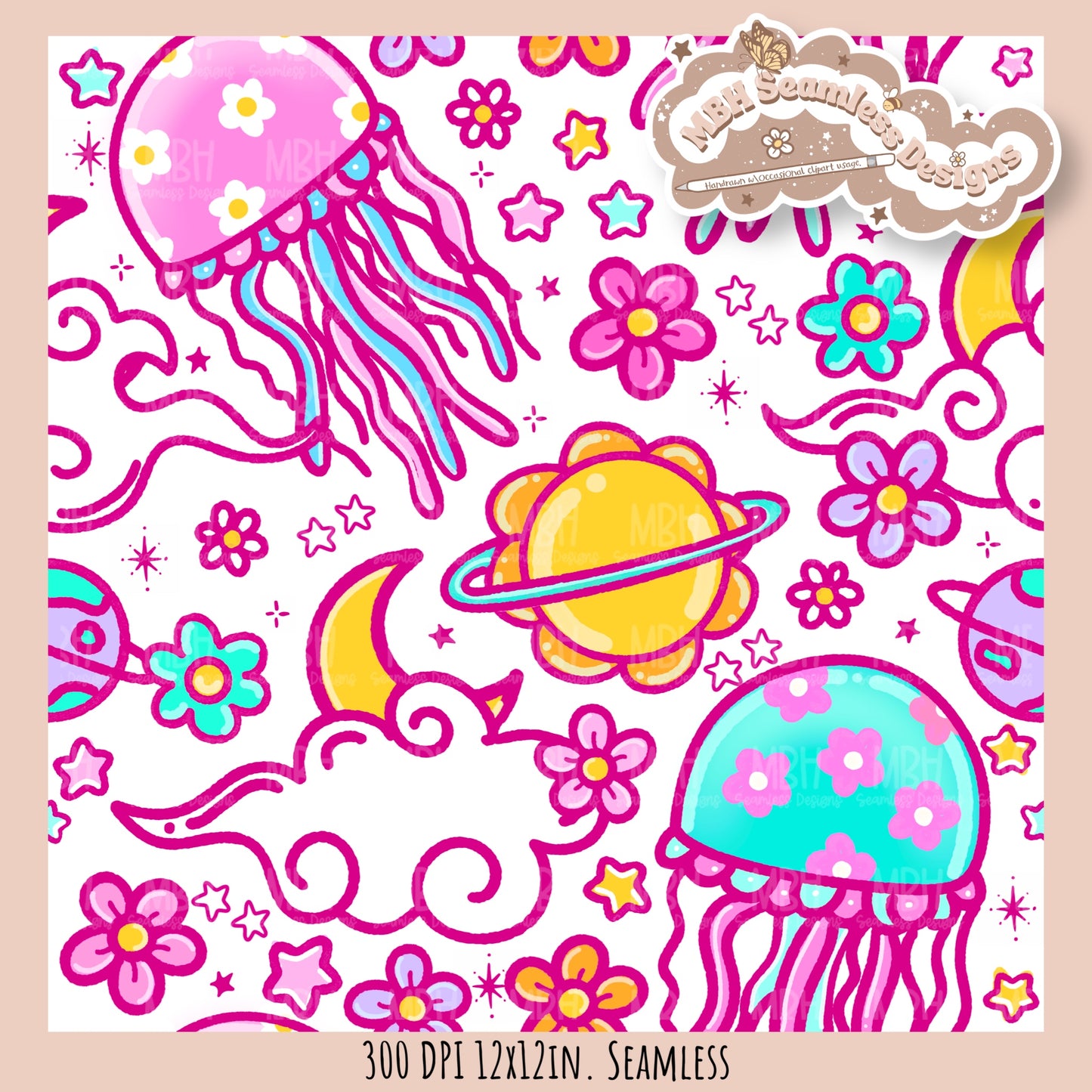 Space Jellyfish Seamless Pattern • Multiple Colorways •  Coordinates • PNG