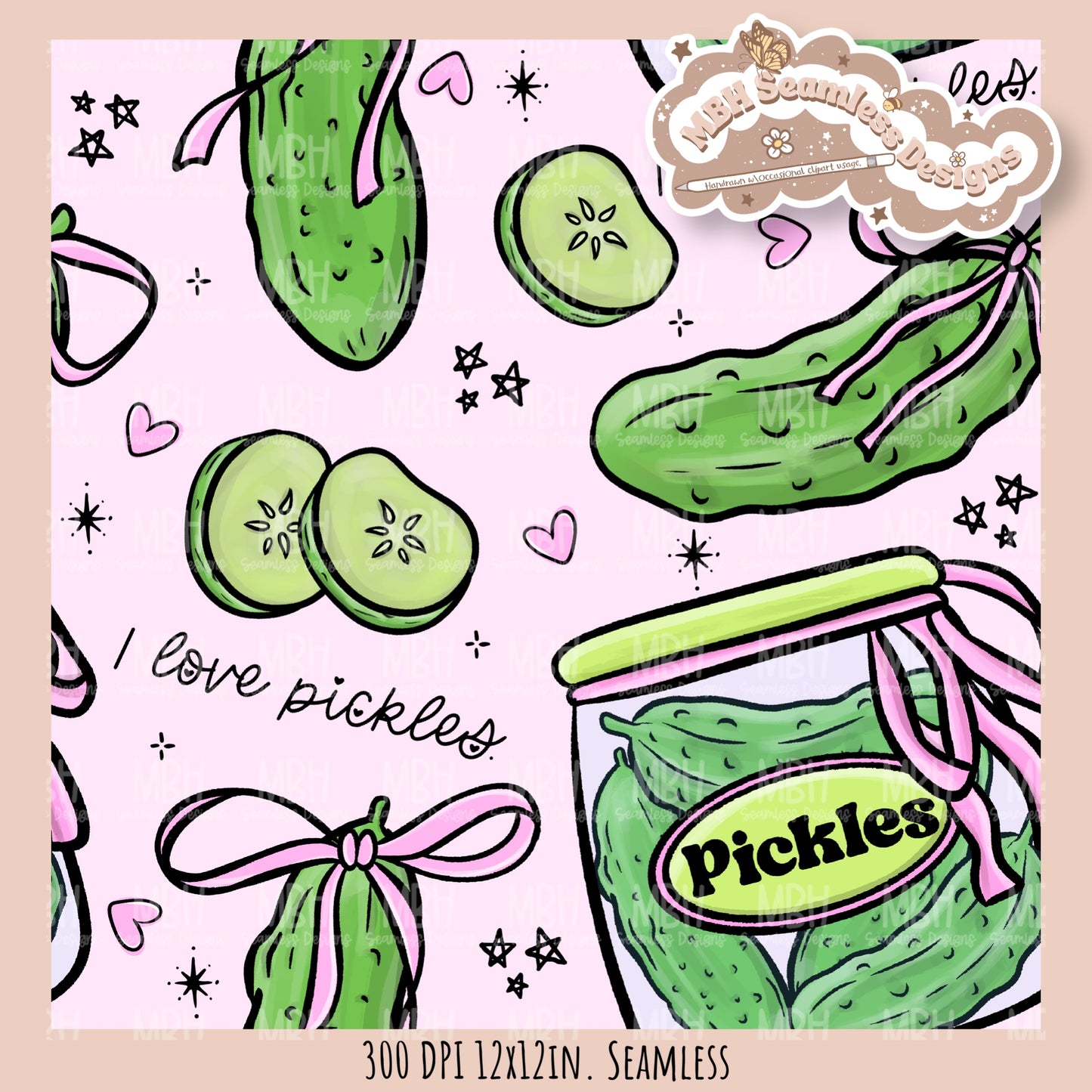 Coquette Pickles Seamless Pattern // PNG // Assorted Colorway Options