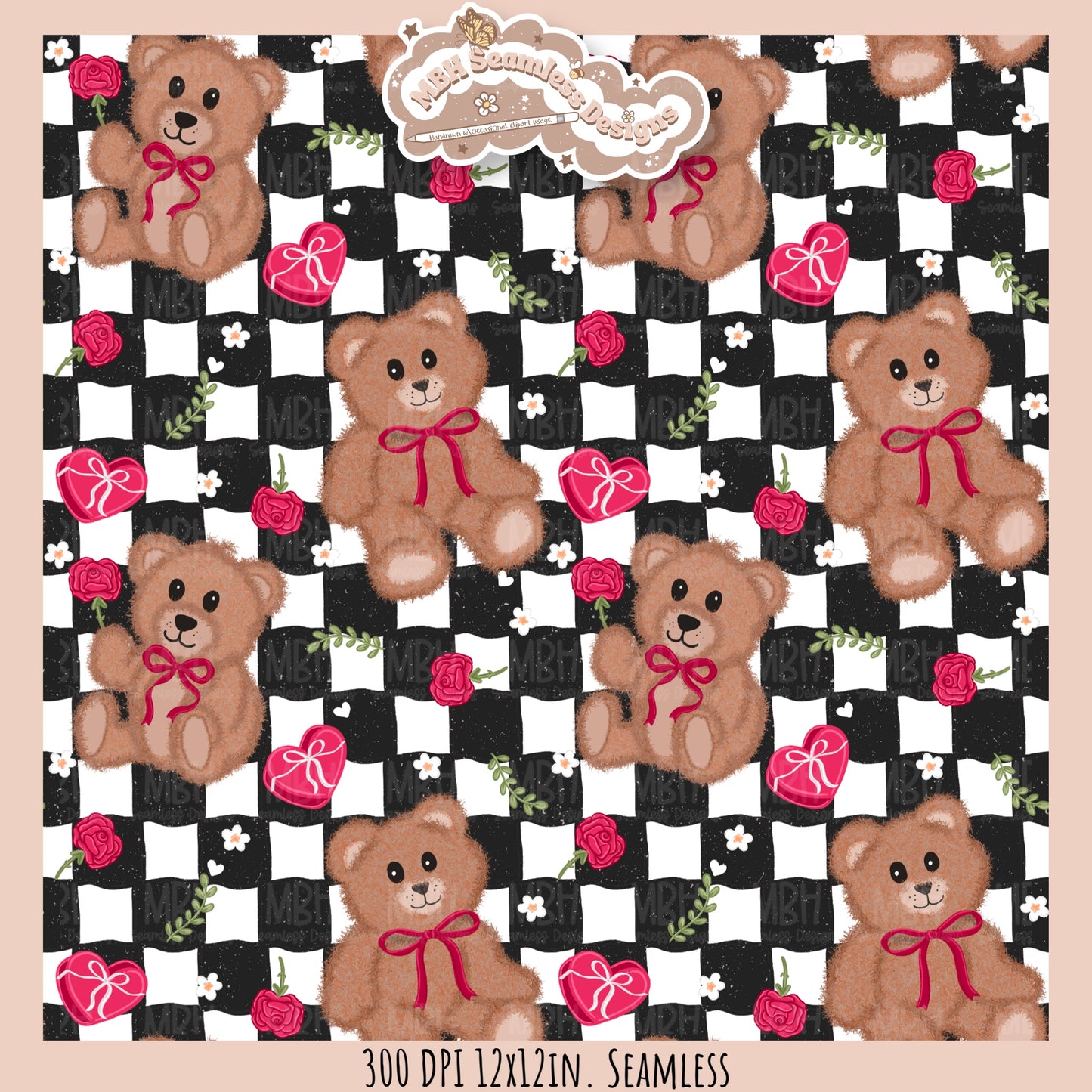 Teddy Bears & Roses Seamless Pattern // PNG // Assorted Colorways