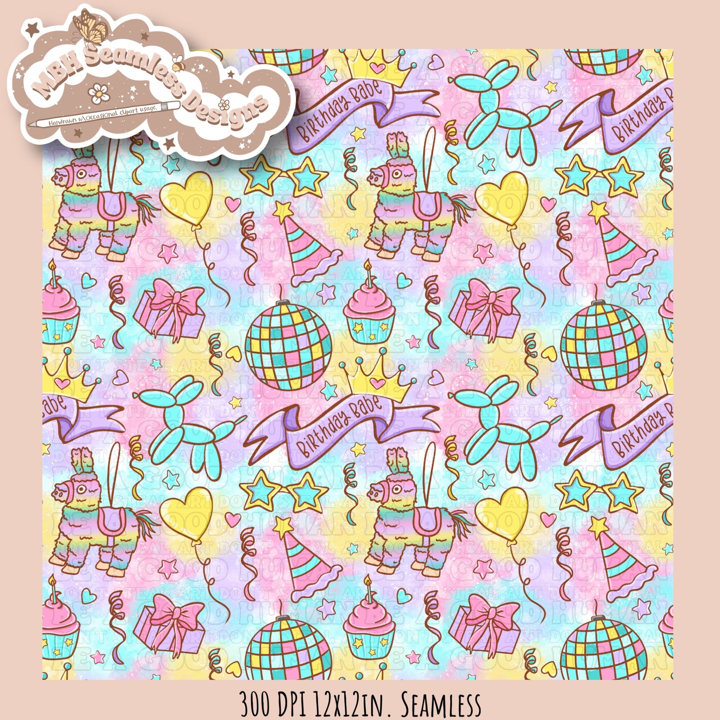 Girly Birthday Babe Seamless Pattern & PNG MULTIPLE COLORWAY OPTIONS