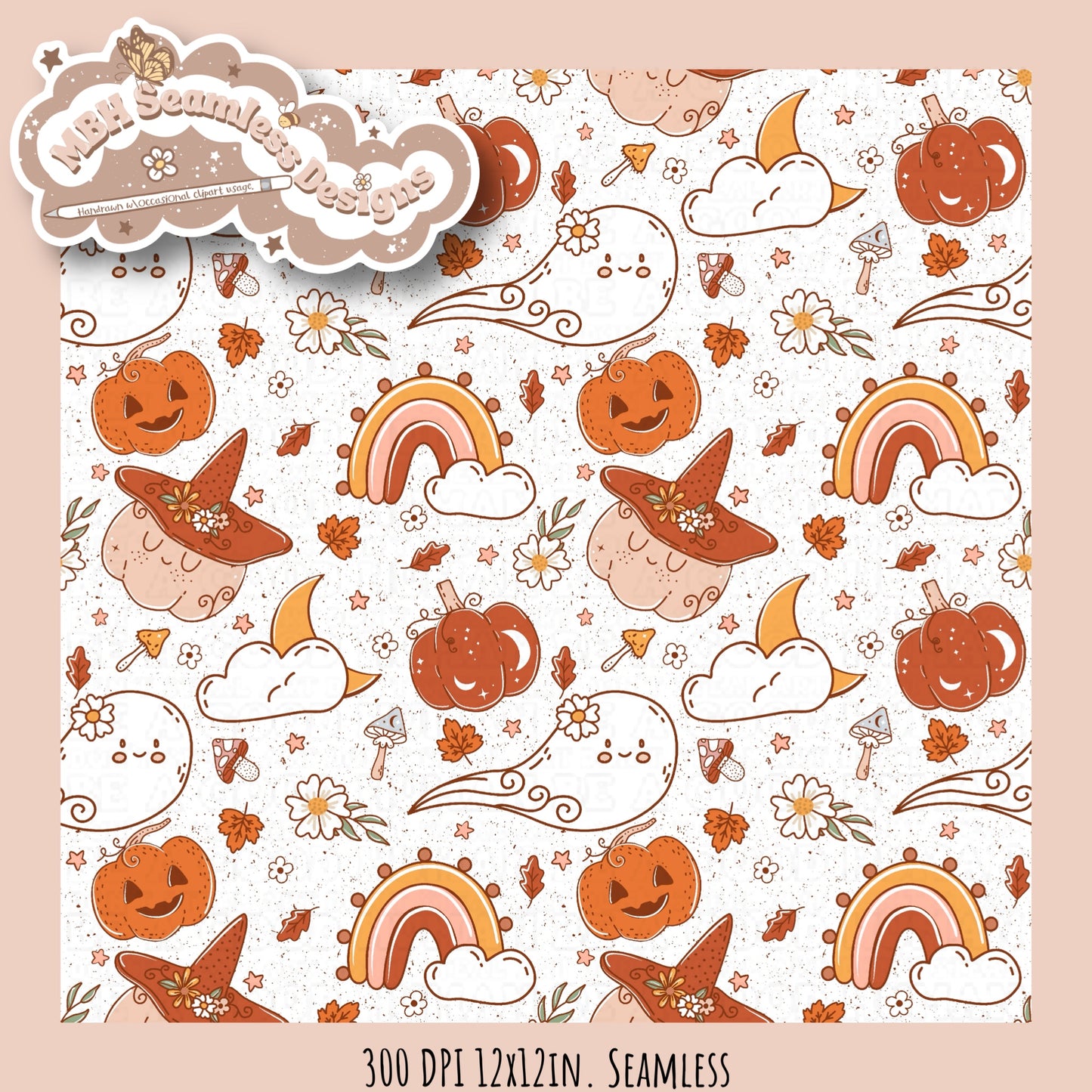 Boho Floral Pumpkin Ghost Seamless MULTIPLE COLORWAYS