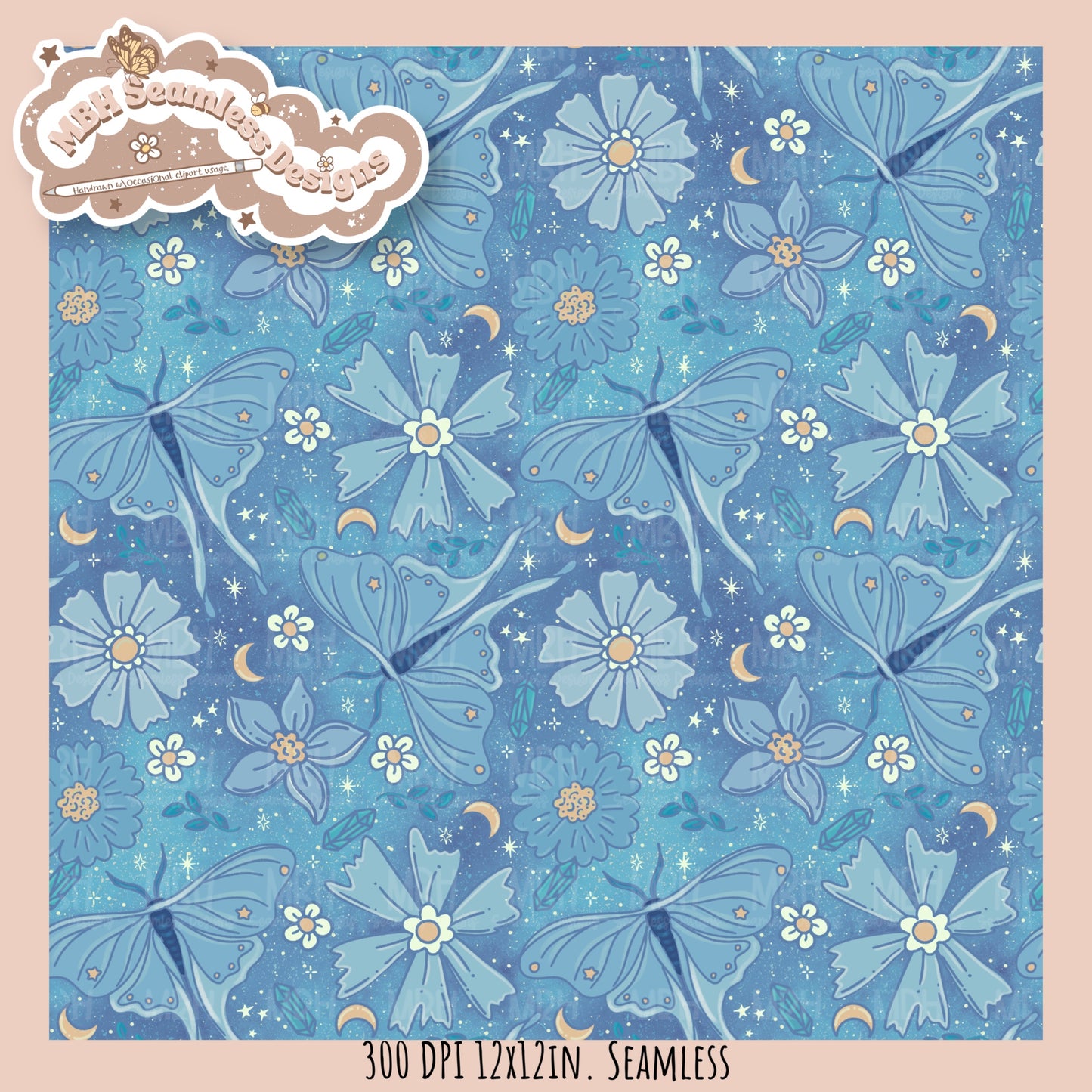 Starry Night Floral Luna Moths Seamless Pattern // PNG//  MULTIPLE COLORWAYS