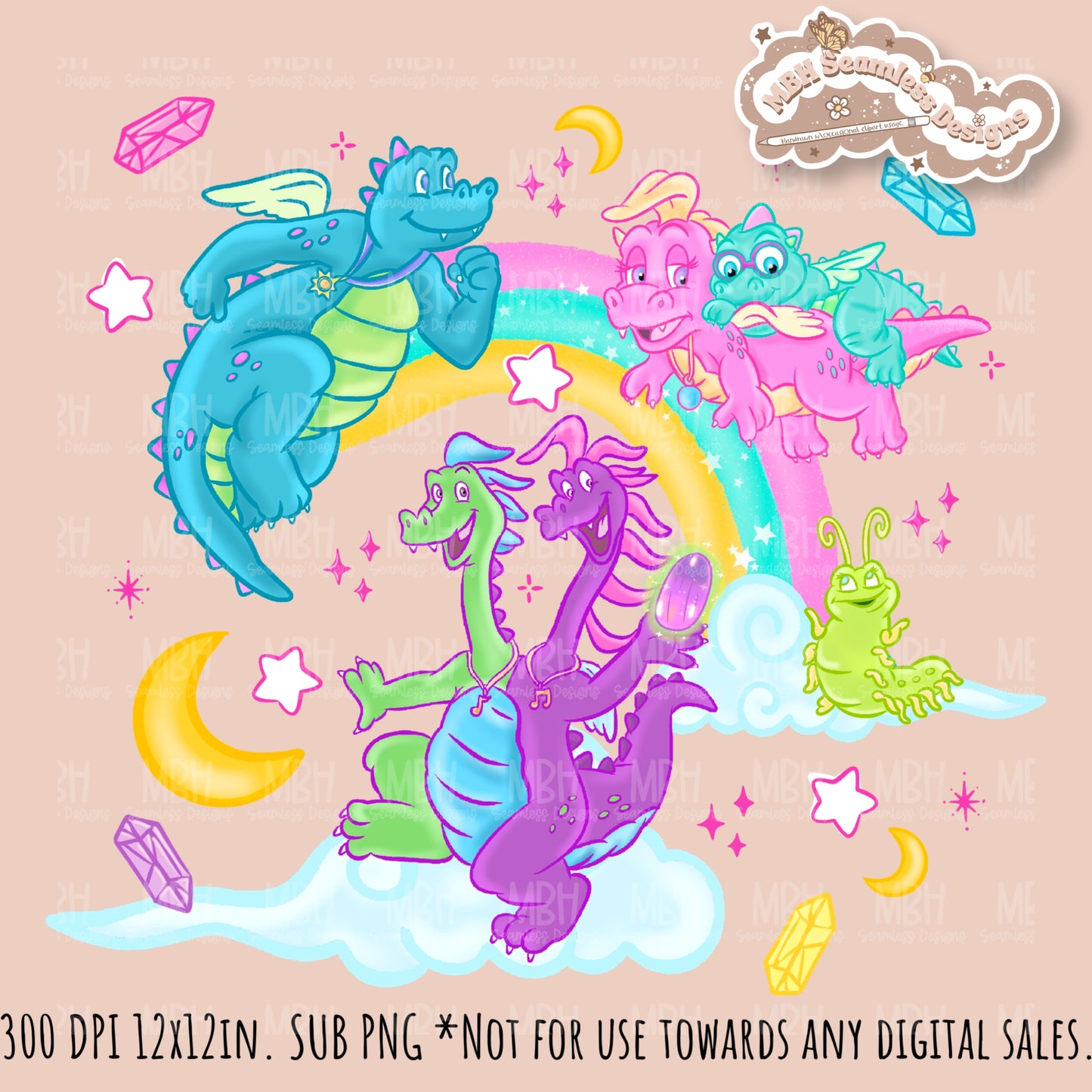 Rainbow Dragon Tales Seamless Pattern  // MULTIPLE COLORWAYS // PNG