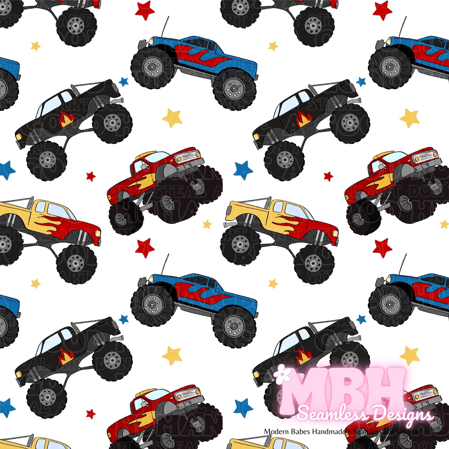 Starry Monster Trucks Seamless Pattern