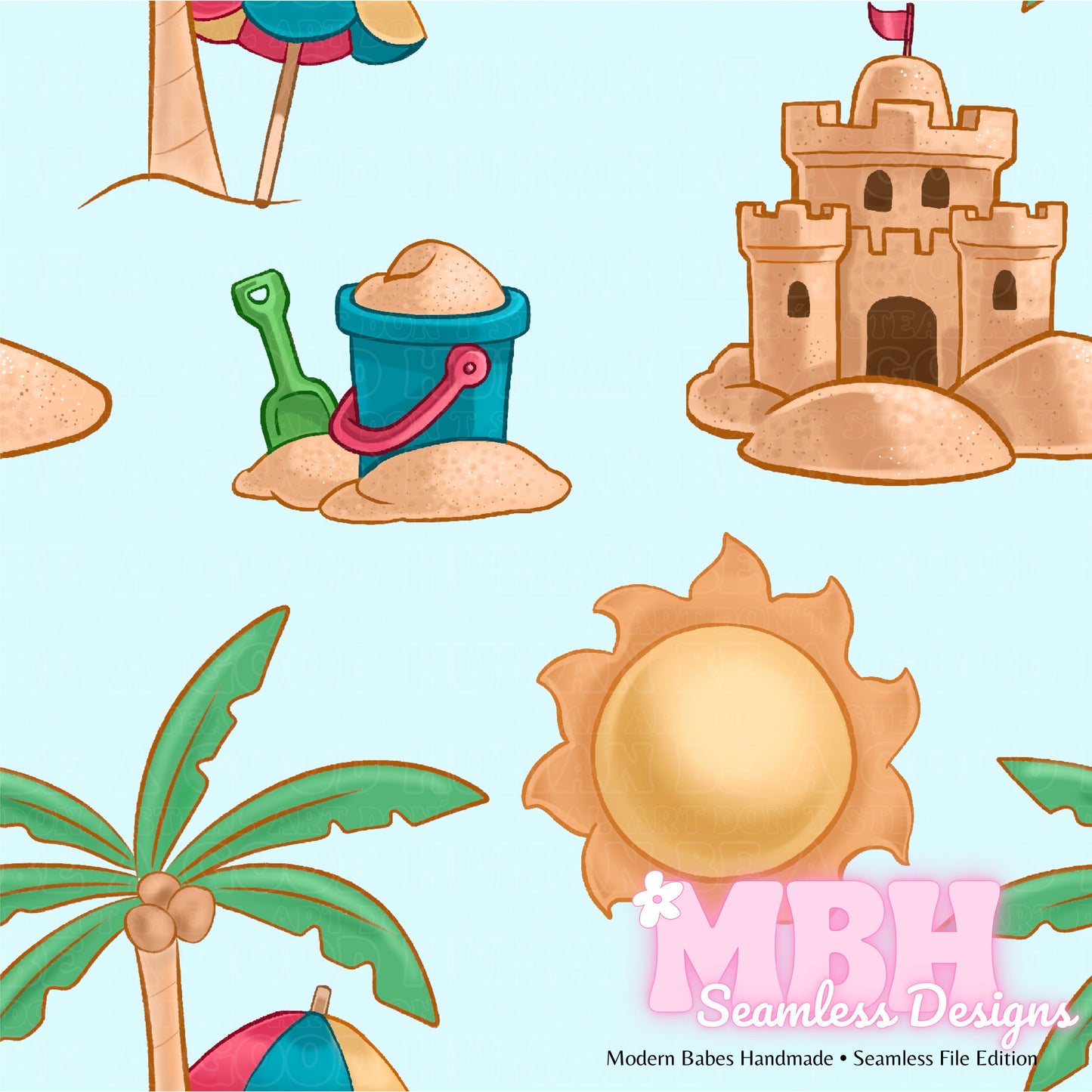 Sun and Sandcastles Seamless Pattern MULTIPLE COLORWAYS