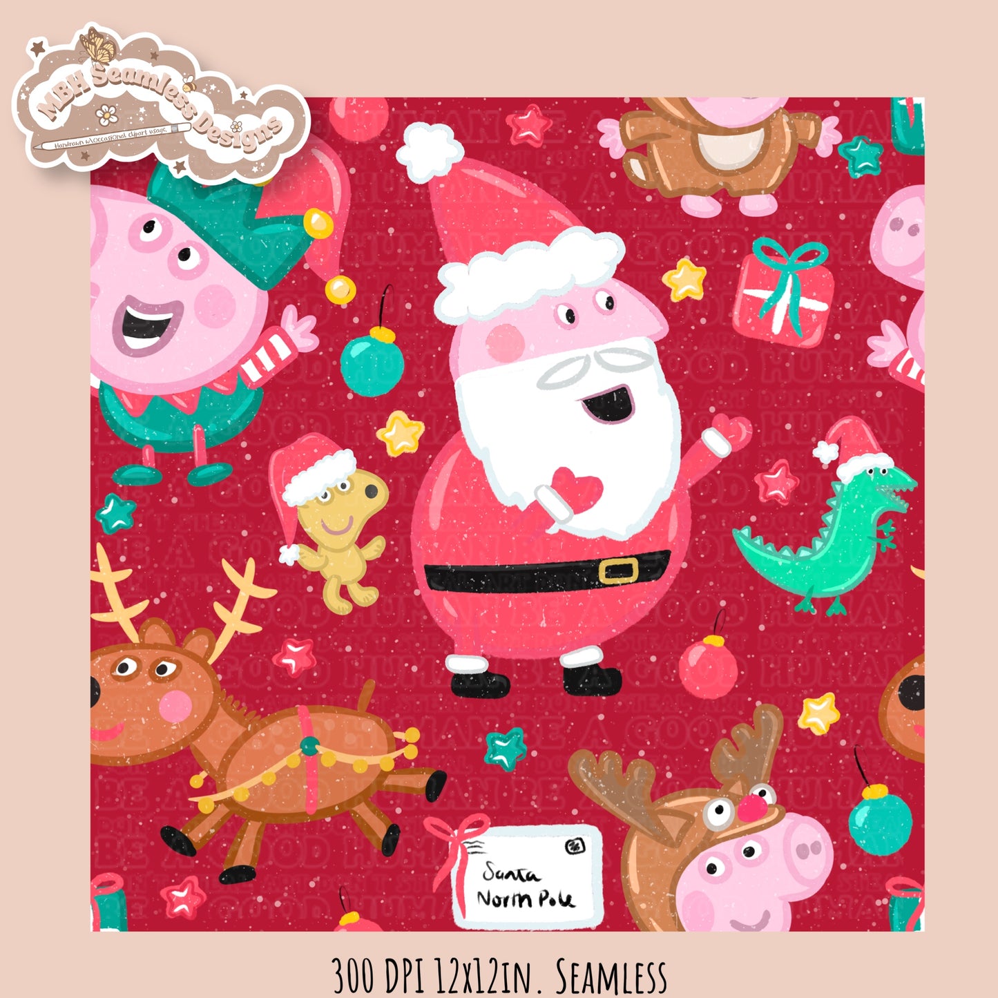 Peppa Christmas Seamless Pattern // PNG // Assorted Colorways