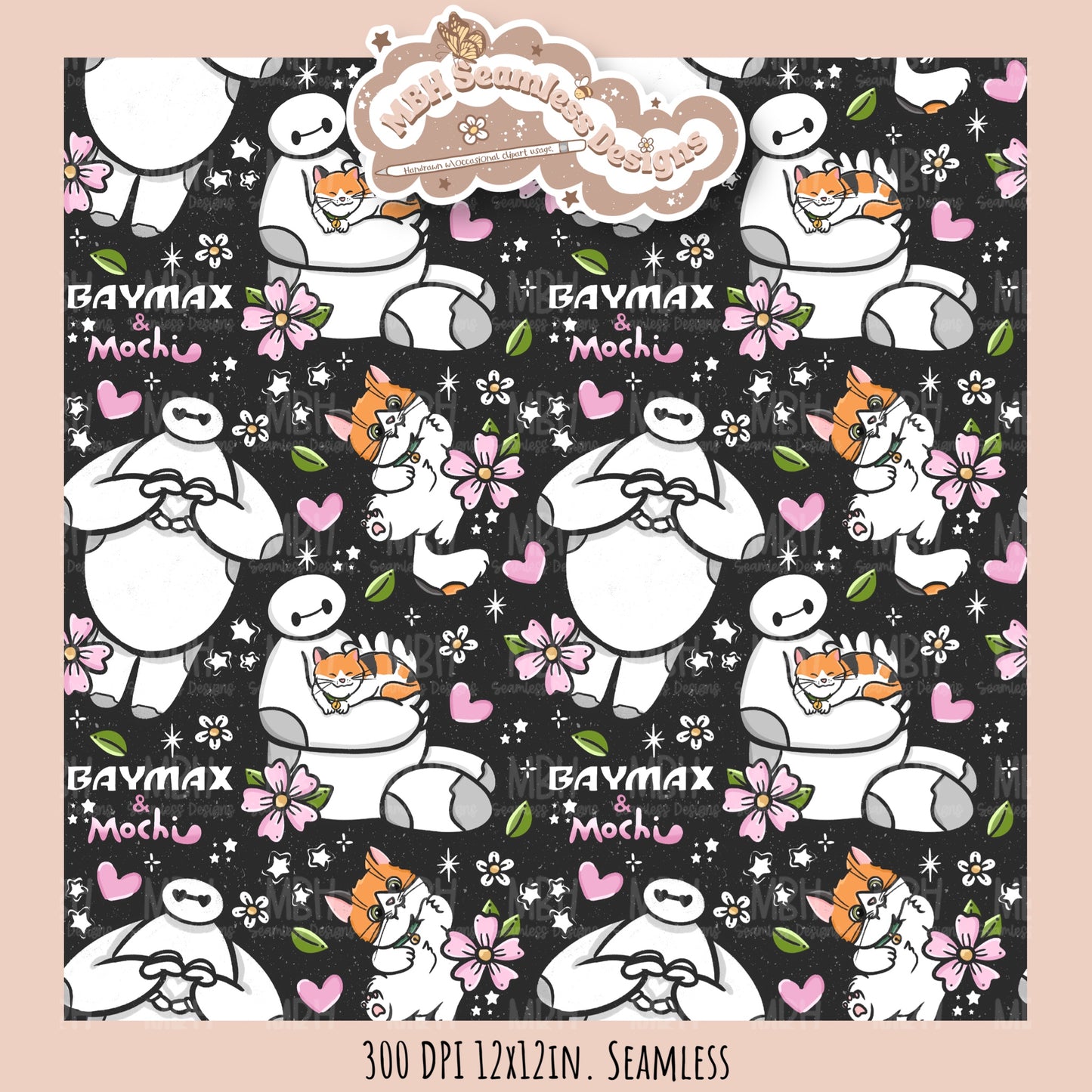 Floral Baymax Mochi Seamless Pattern // Multiple Colorway Options