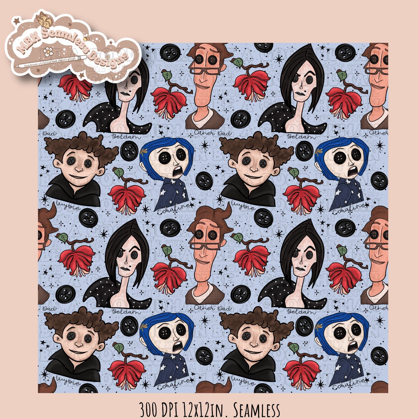 Bleeding Hearts Button Eyes Seamless Pattern Multiple Colorway Options
