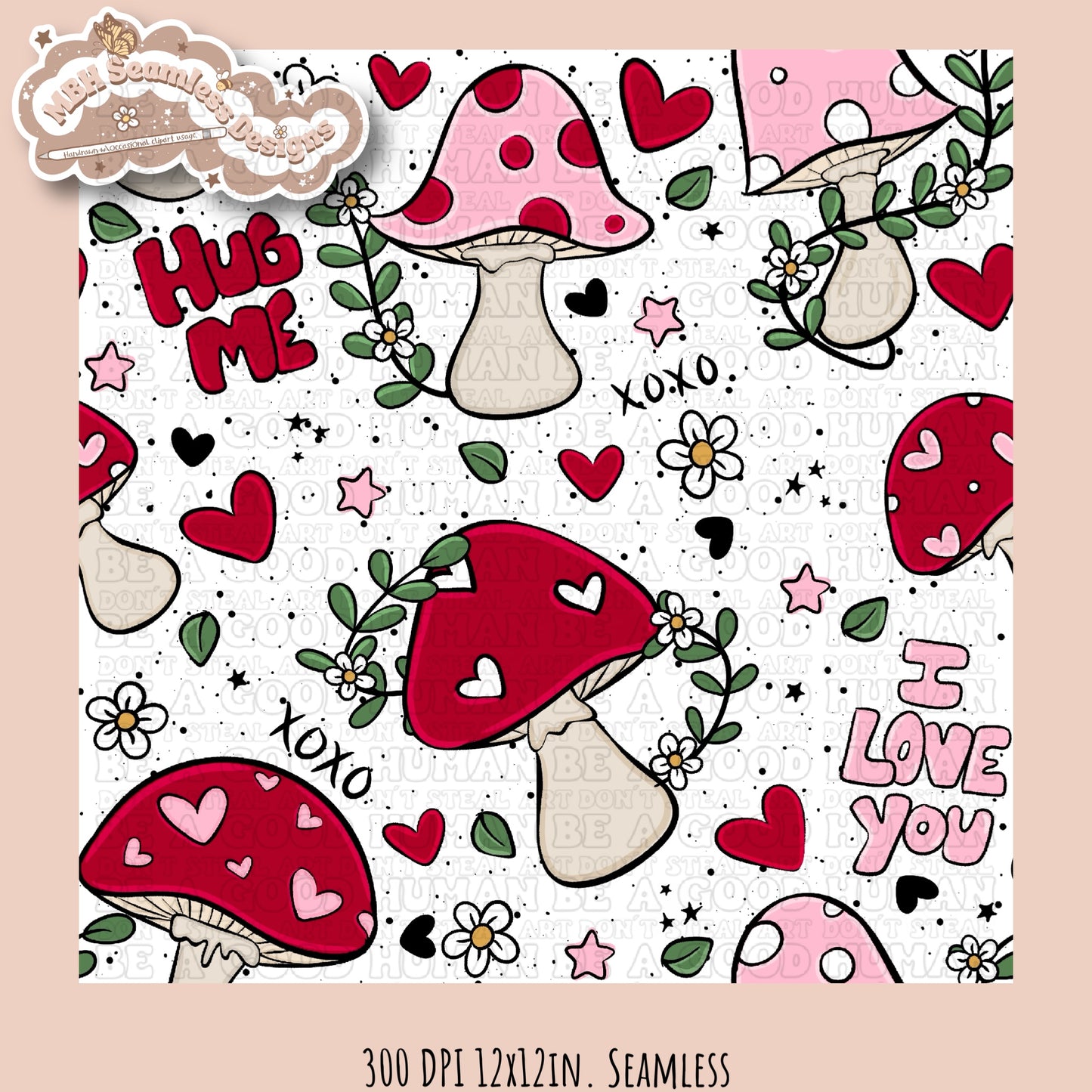 Mushroom Hearts Seamless Pattern Multiple Colorways