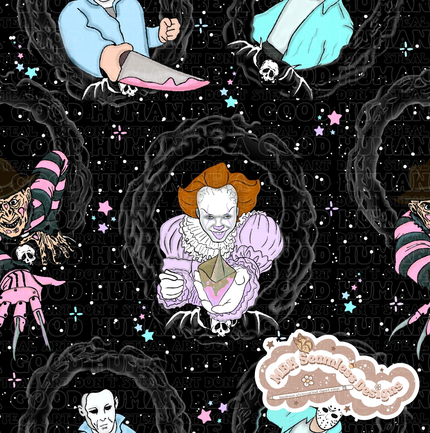 Pastel Horror Mashup Frames Seamless Pattern Multiple Colorways