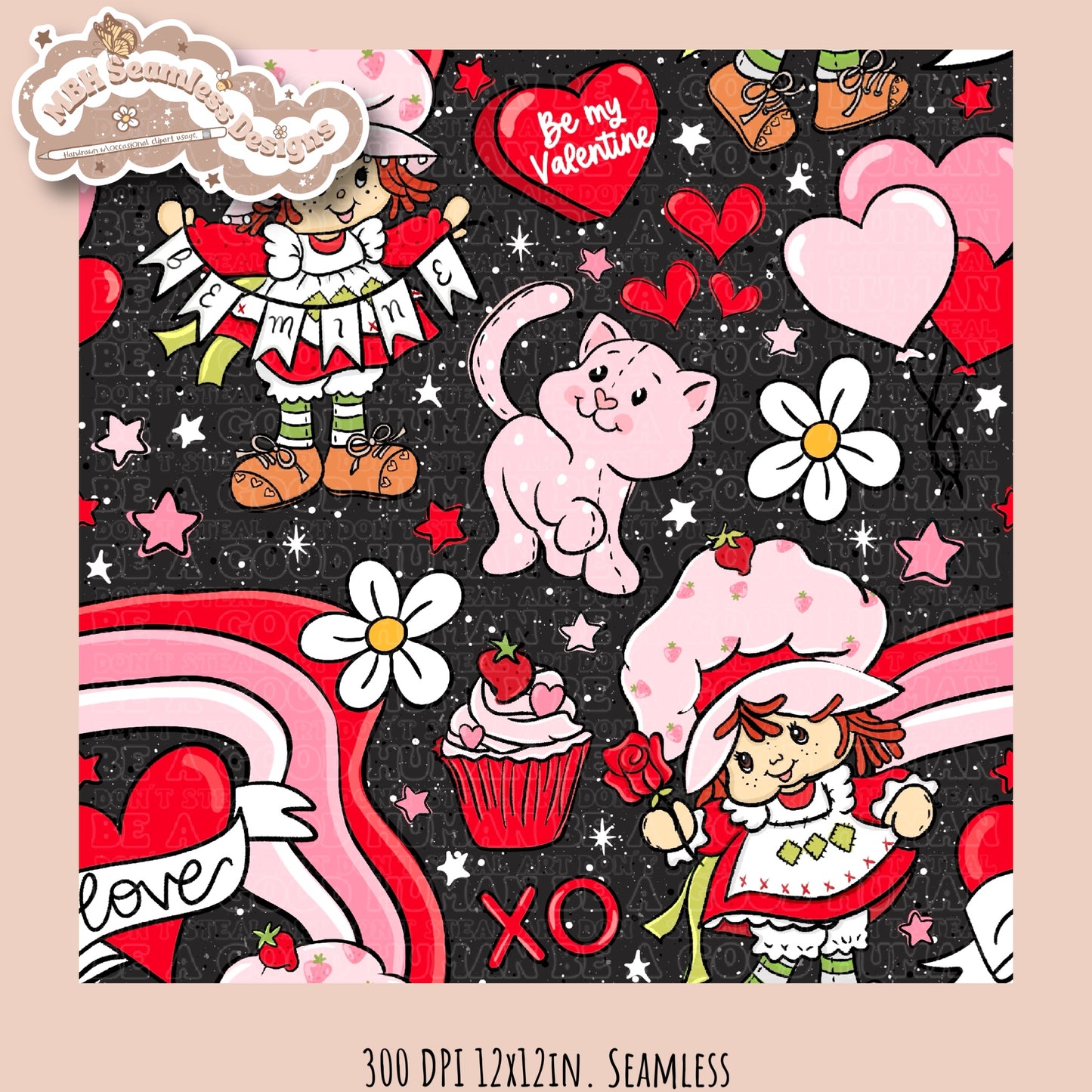 Strawberry Shortcake Valentine Seamless Pattern Multiple Colorways