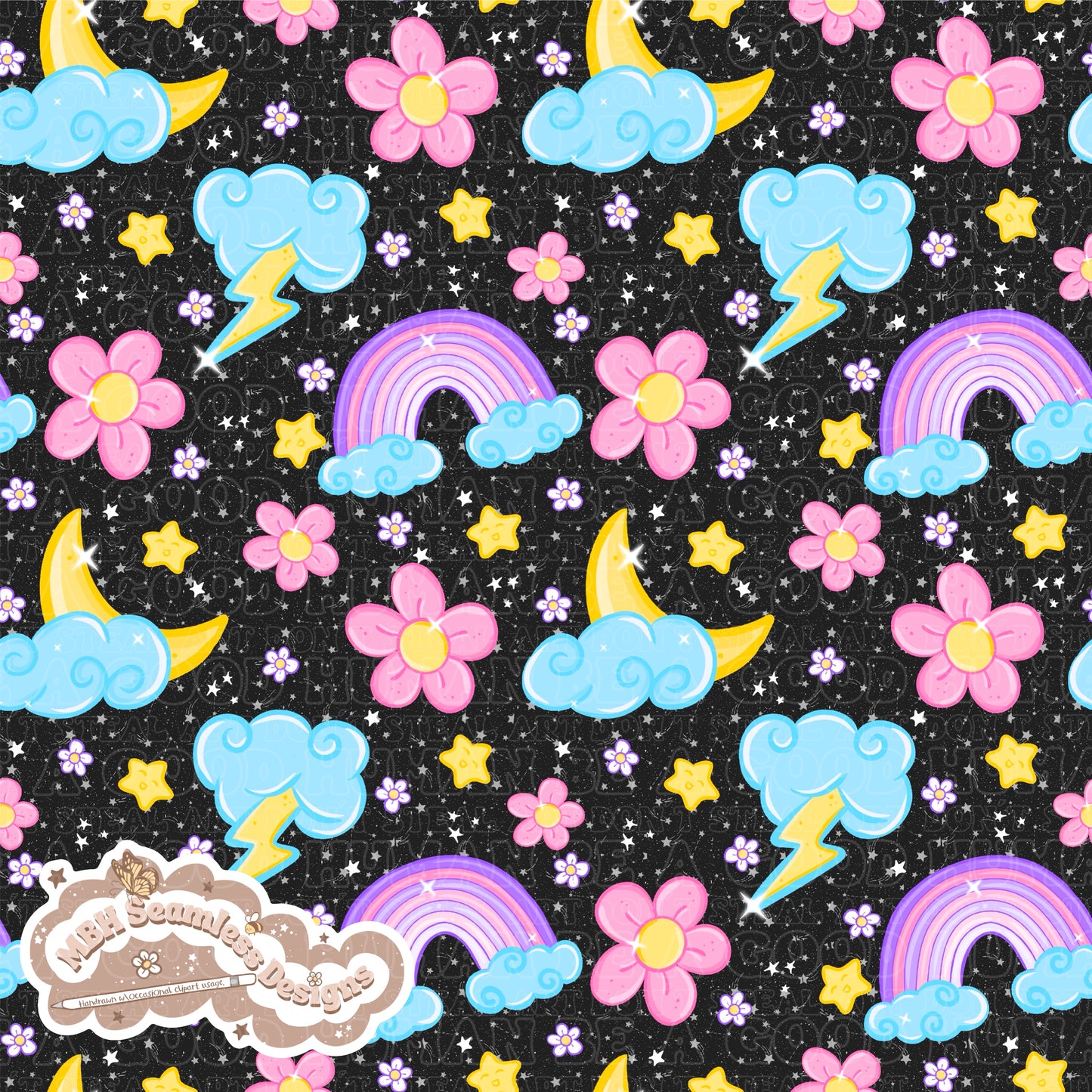 Starry Floral Rainbow Skies Seamless Pattern MULTIPLE COLORWAYS