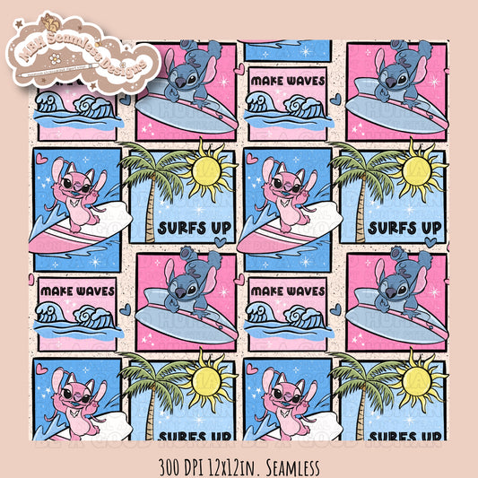Angel & Stitch Surf Seamless Pattern•Multiple Colorway Options