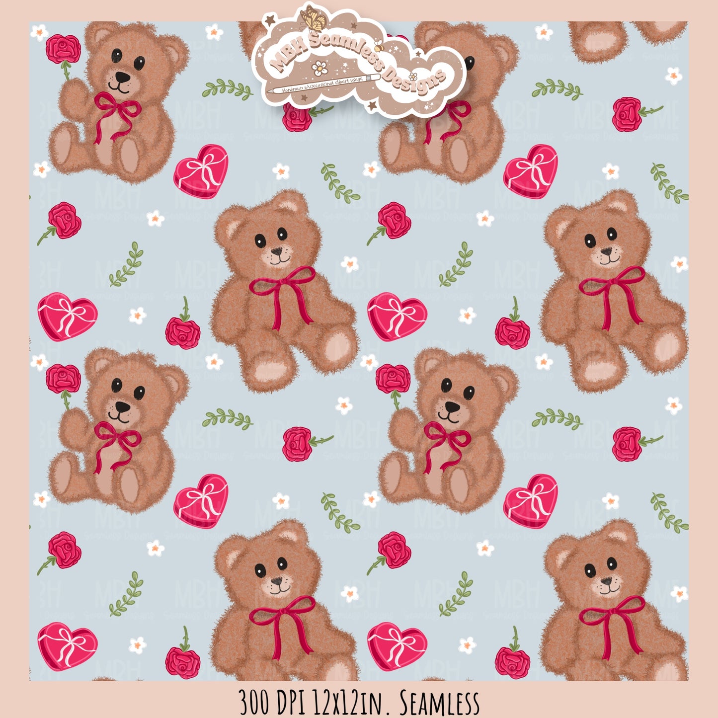 Teddy Bears & Roses Seamless Pattern // PNG // Assorted Colorways