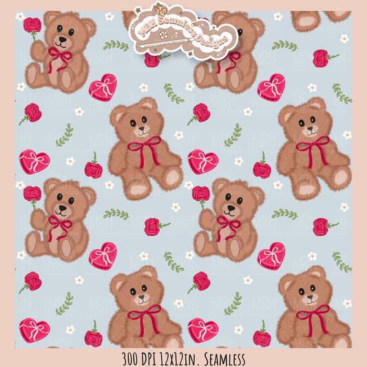 Teddy Bears & Roses Seamless Pattern // PNG // Assorted Colorways