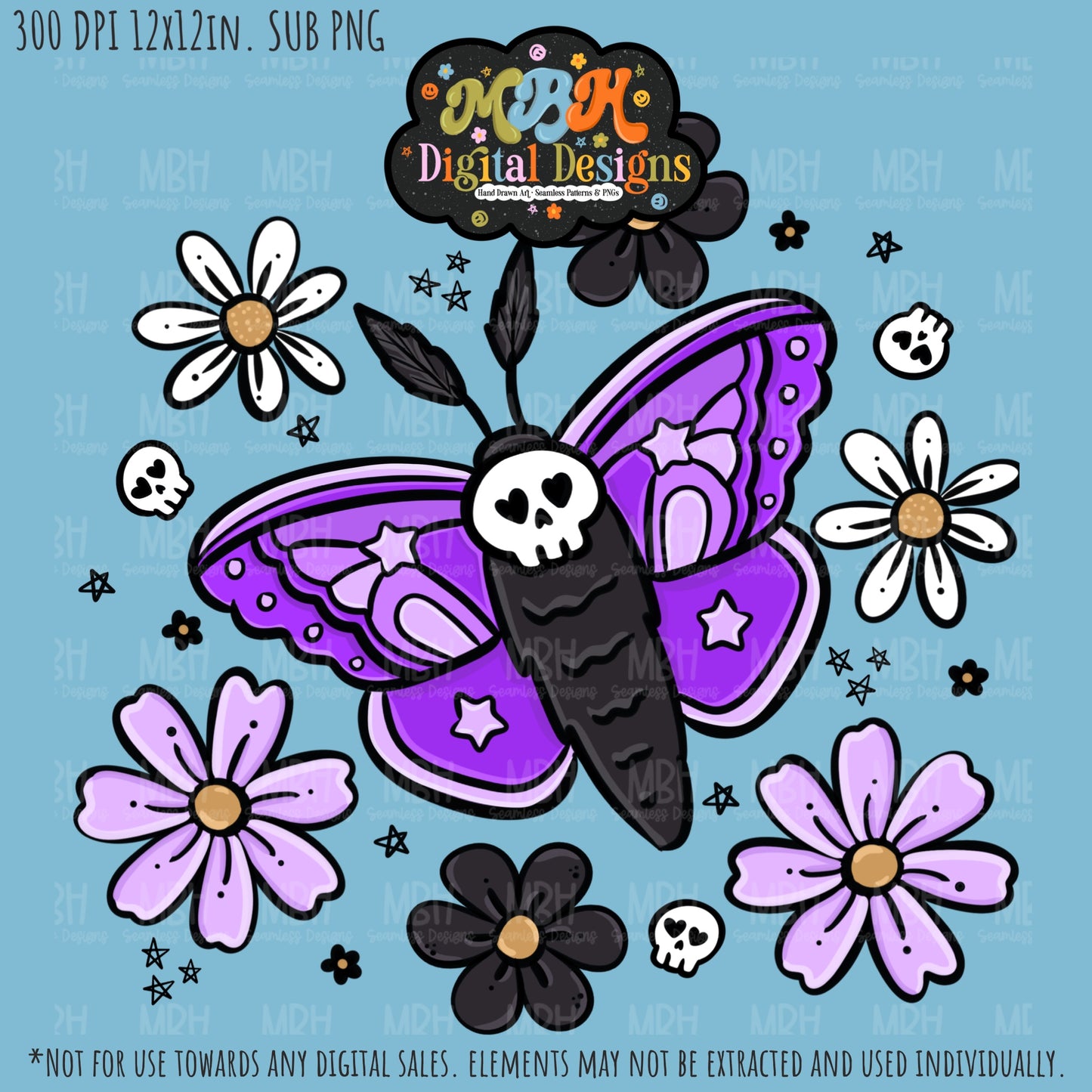 Purple Floral Death Moths Seamless Pattern // PNG // MULTIPLE COLORWAYS