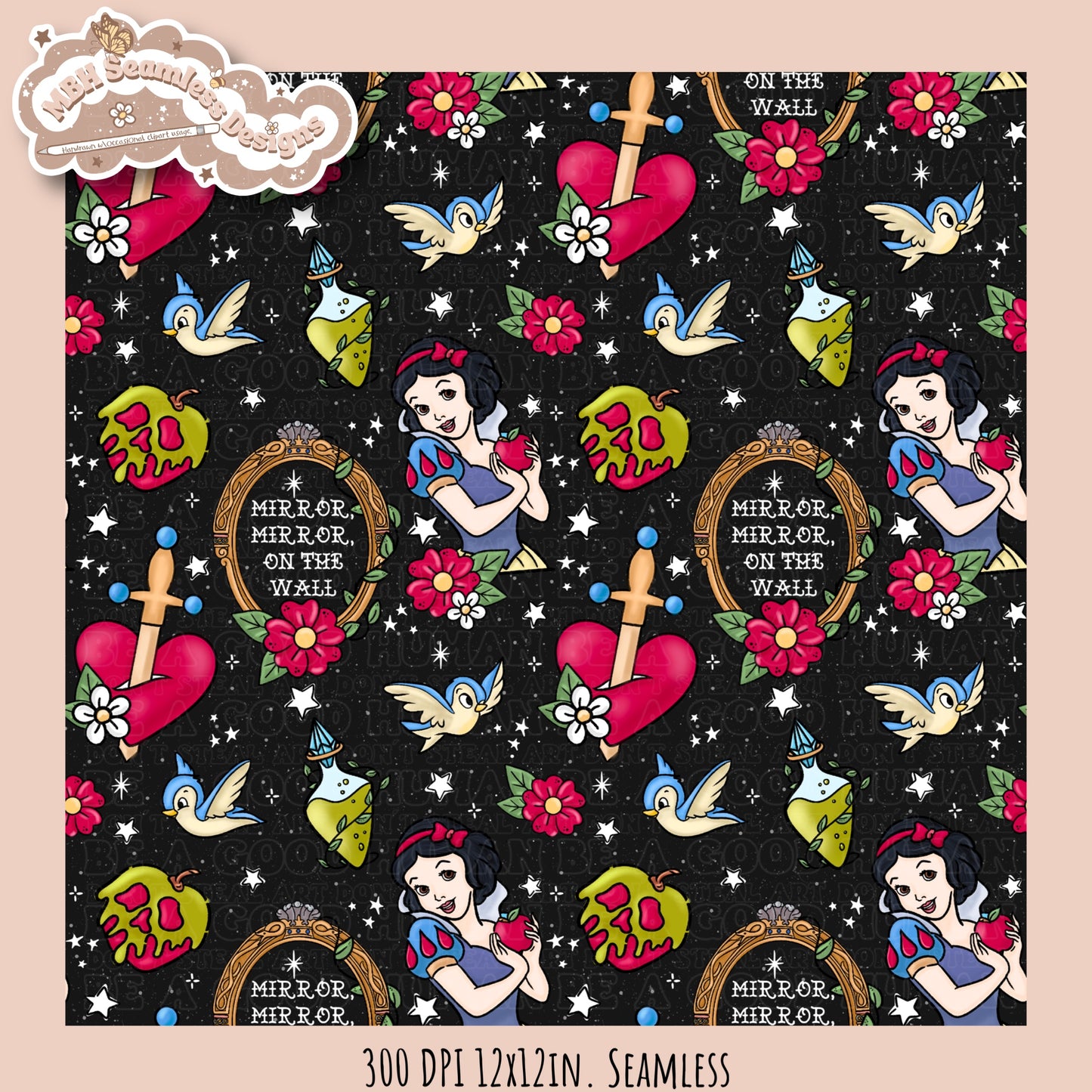 Snow White Tattoo Floral Seamless Pattern MULTIPLE COLORWAYS