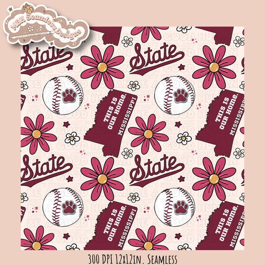 Mississippi State Softball Seamless Pattern MULTIPLE COLORWAYS